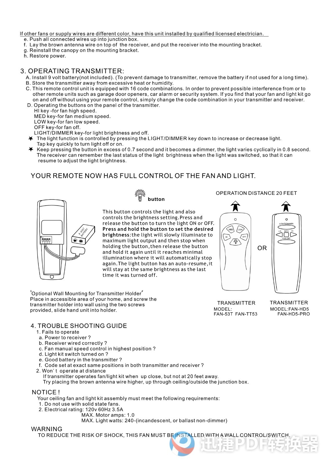 Ceiling Fan Remote Control Replacement for Harbor Breeze Hampton 3 Speed Dimmer