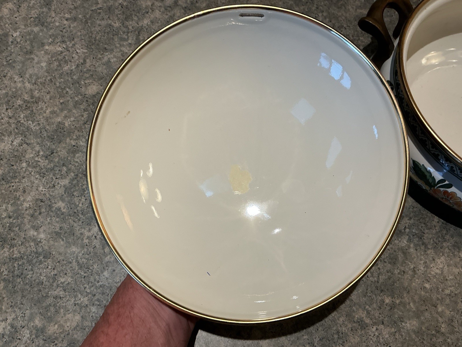 Vintage ASTA Floral Enamel Cookware 8.5” Dutch Oven Pot With Lid Brass Handles