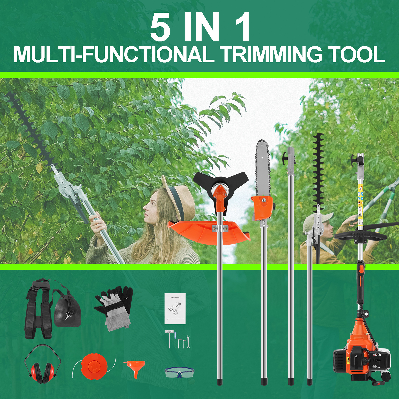 52CC 5 in 1 Gas Pole Saw Brush Cutter Gas Hedge Trimmer for Tree Weed Multi Tool