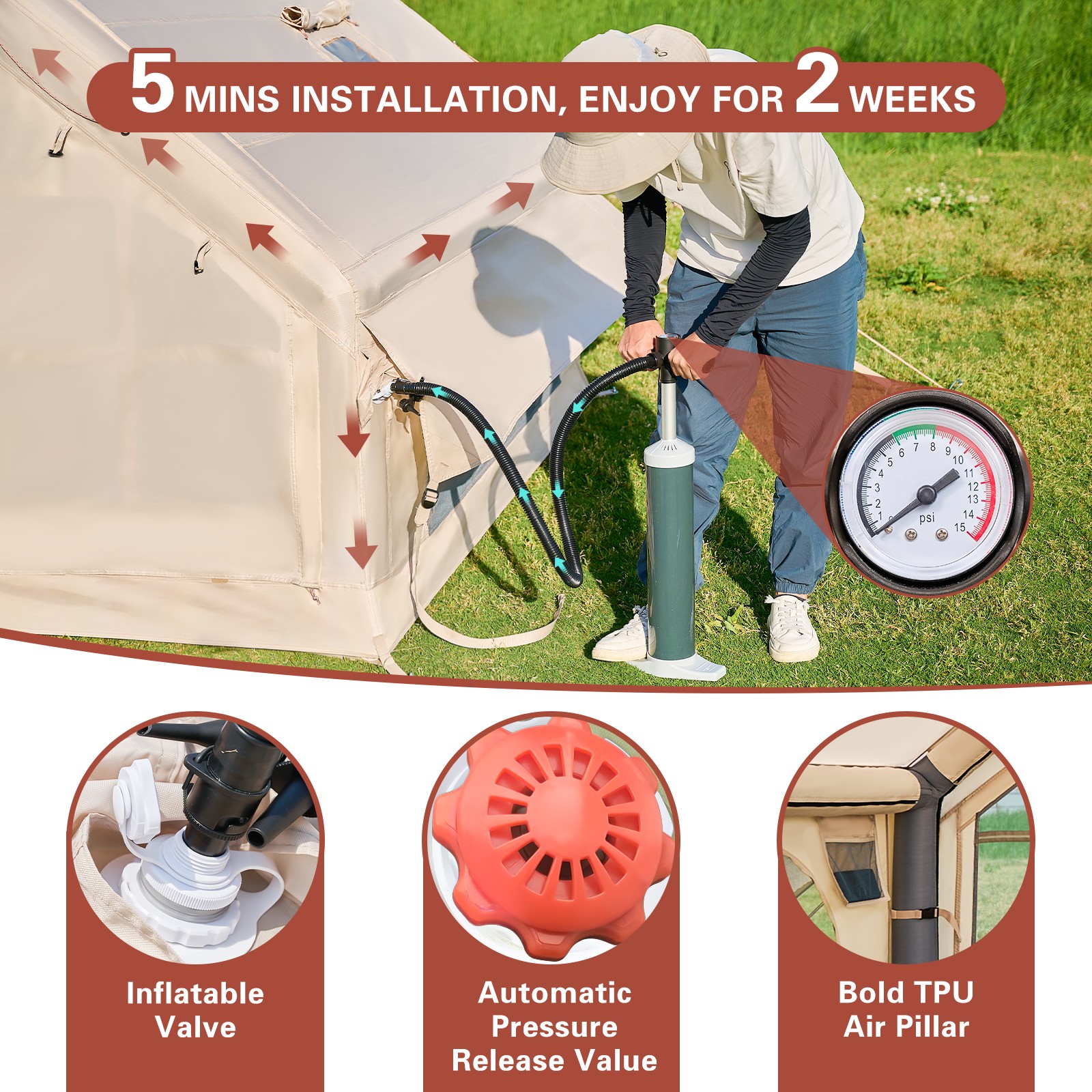 Portable Inflatable Camping Tent 6 Person Waterproof w/ Stove Jack Window