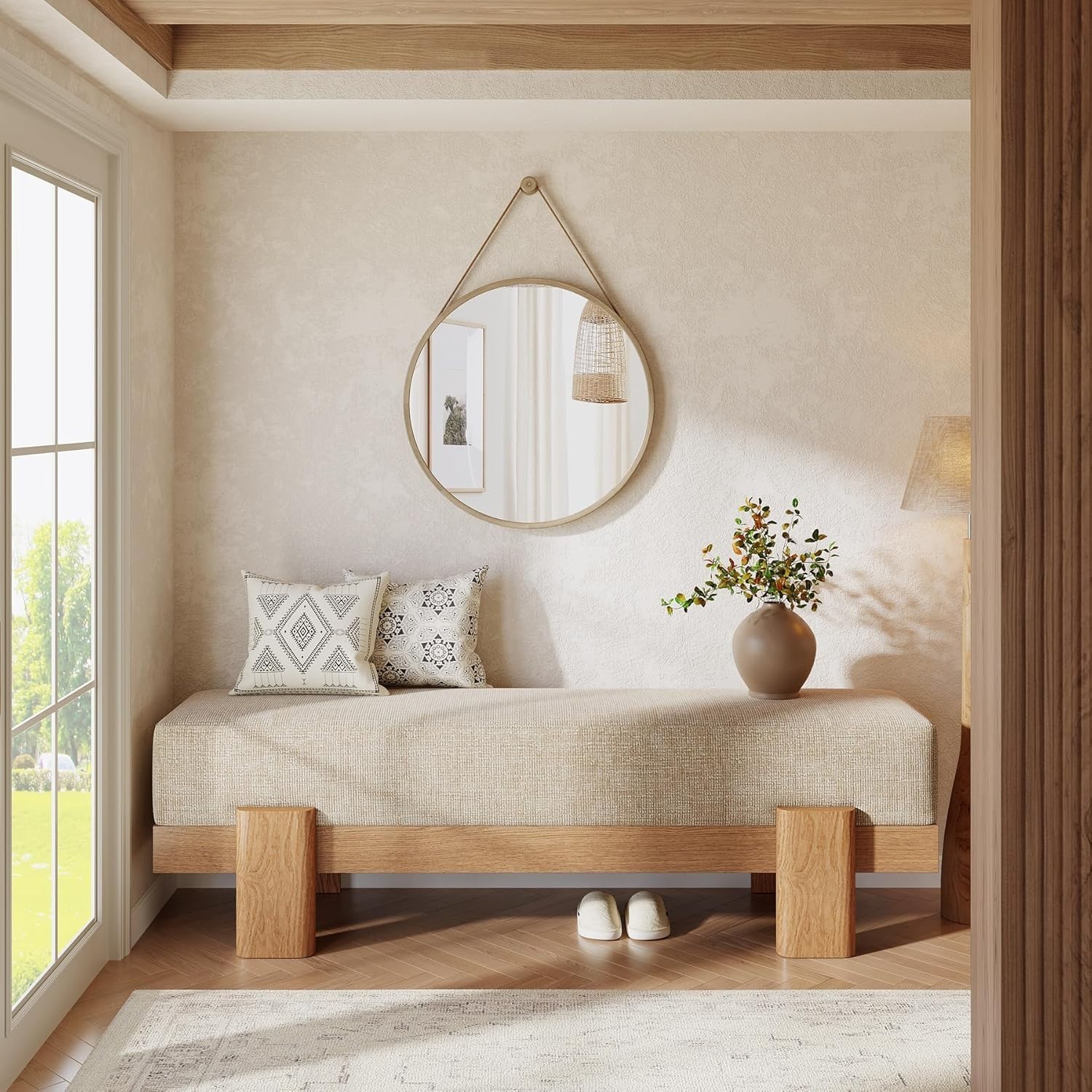 55-Inch Upholstered Entryway Bench, Modern Shoe Bench with Fabric Padded Seat