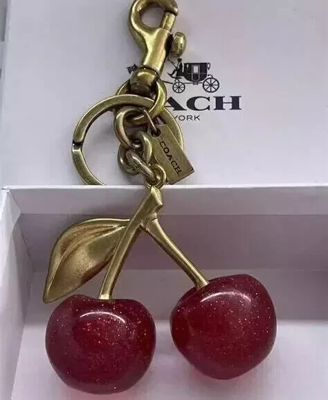 Cherry Bag Charm KeyChainCoachGlitter Resin Metal Brass Red Apple Gifts NIB