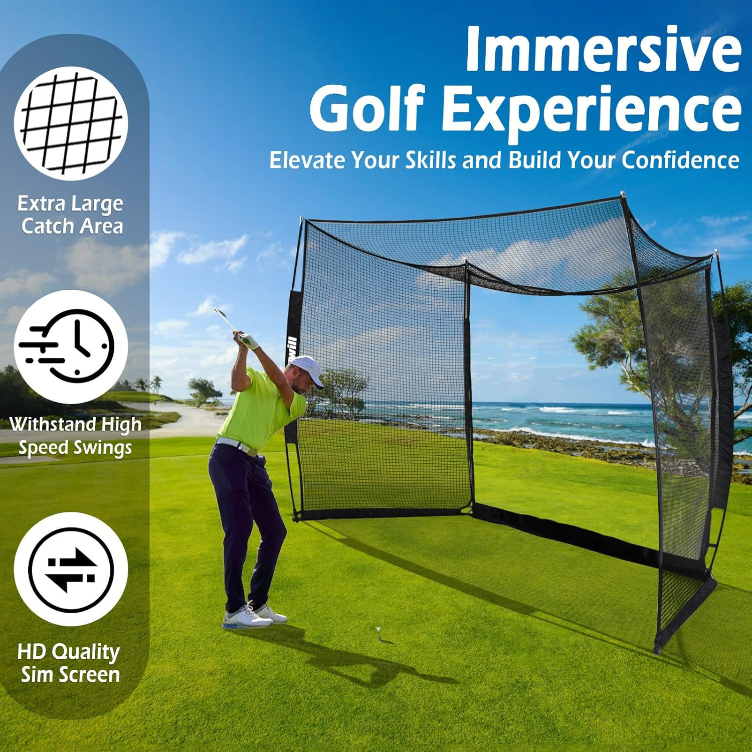 YUNIC Golf Driving Cage with Metal Frame and Simulator Impact Screen