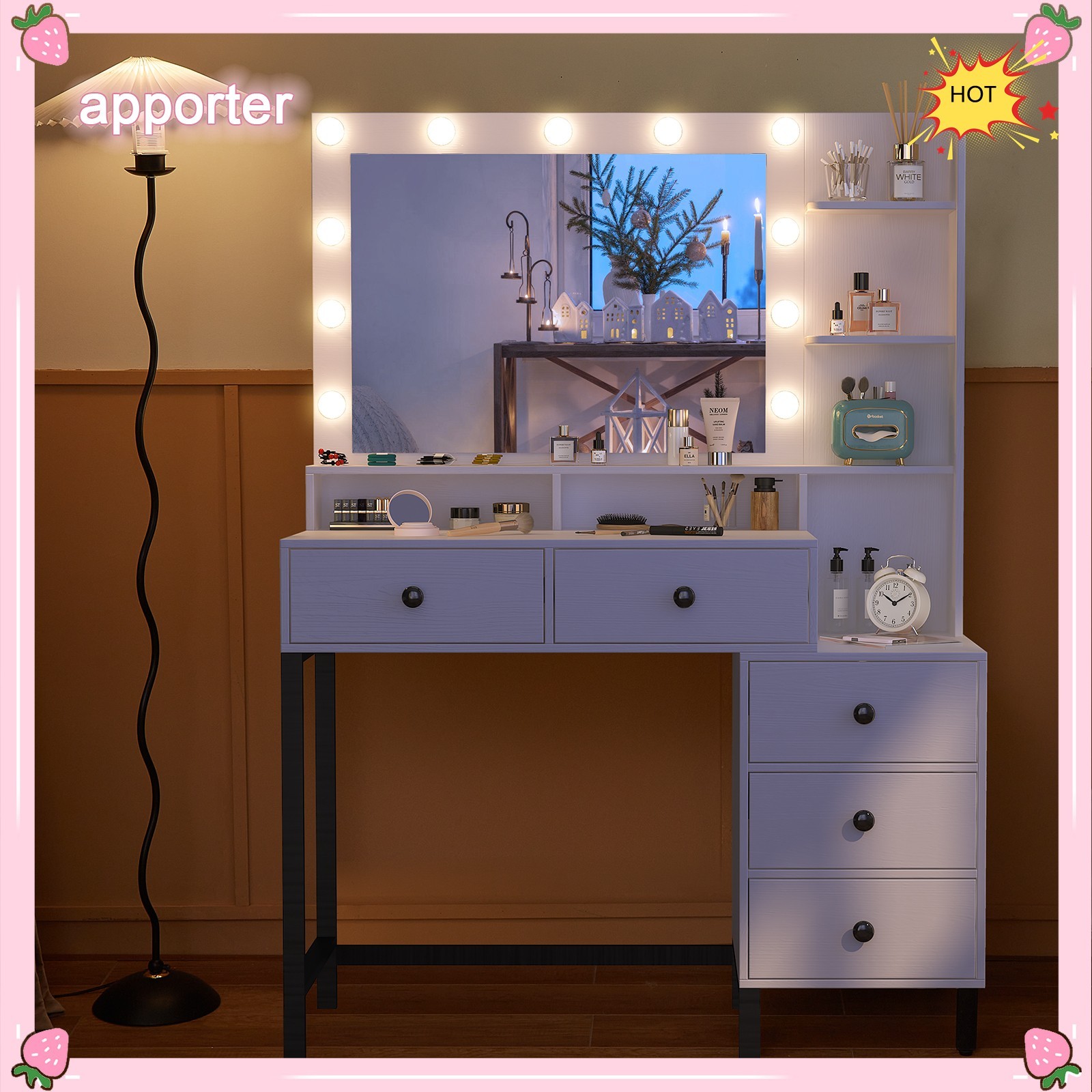 11 Led Lights Makeup Desk Set With Mirror Dressing Dresser Table White Vanity