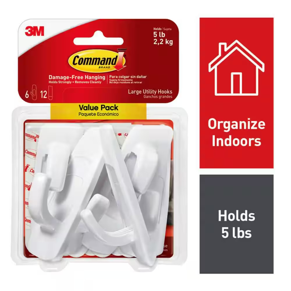 Command Large Utility Hooks, White, Damage Free Hanging, 6 Hooks and 12 Command