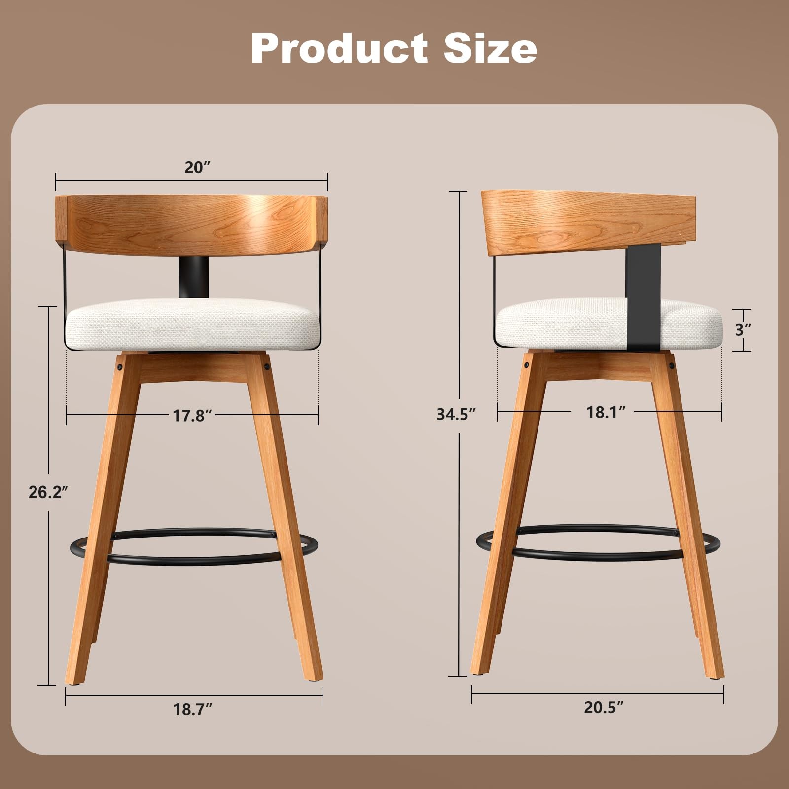Modern Wooden Bar Stools Set of 2 Counter Height Swivel Bar Stools