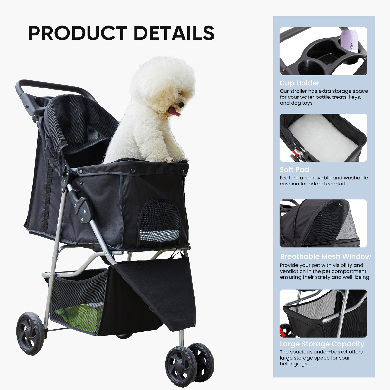 3-Wheels Foldable Pet Stroller Dog Puppy Stroller Cart w/Cup Holder Carrier Cart