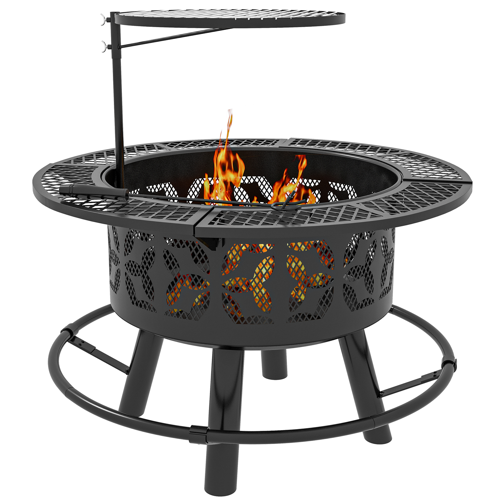 Outsunny Fire Pit BBQ Grill with Poker, Wood Burning Firepit, Black