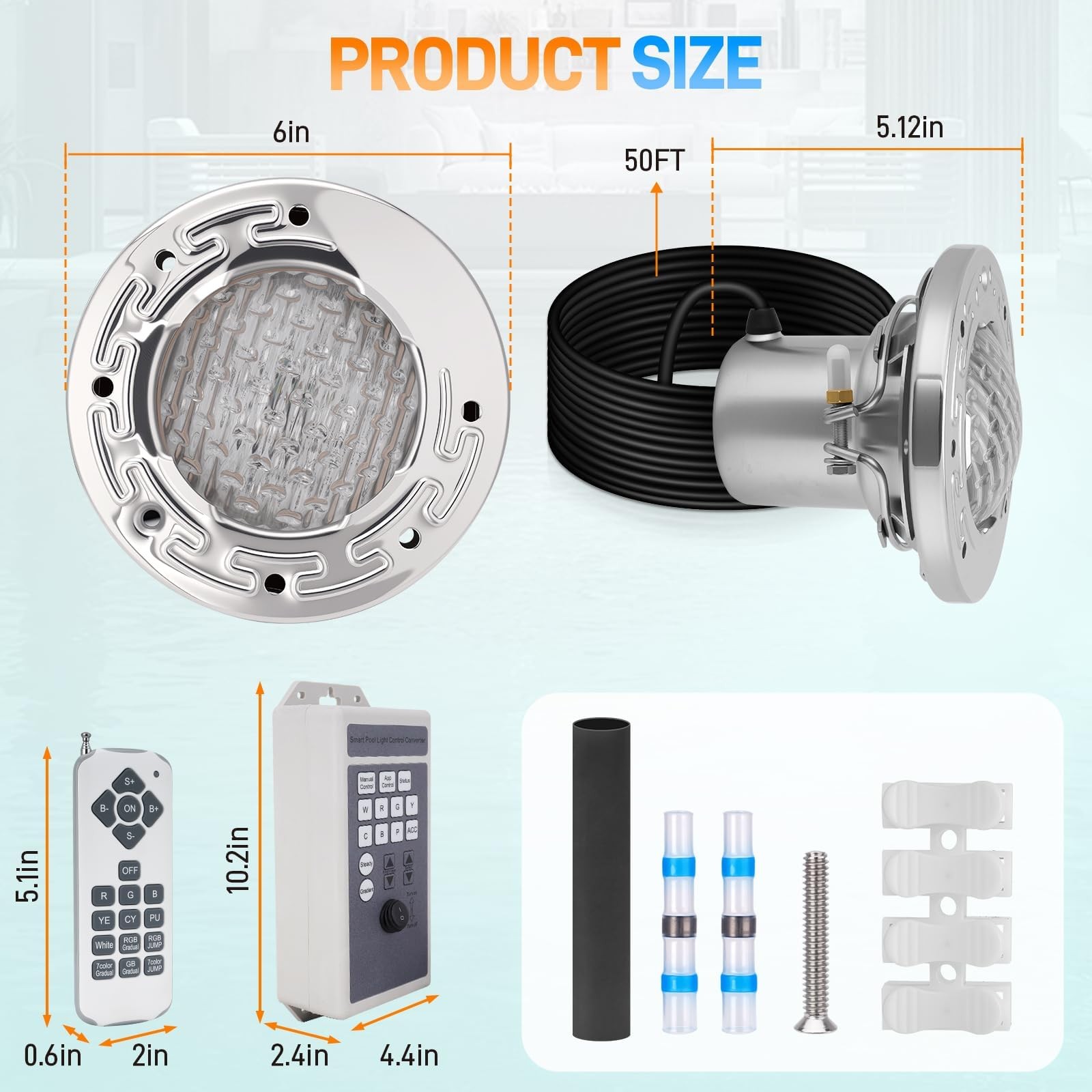 6 Inch LED Pool Light for Inground Pool w/Controller 15W RGB Swimming Pool Light