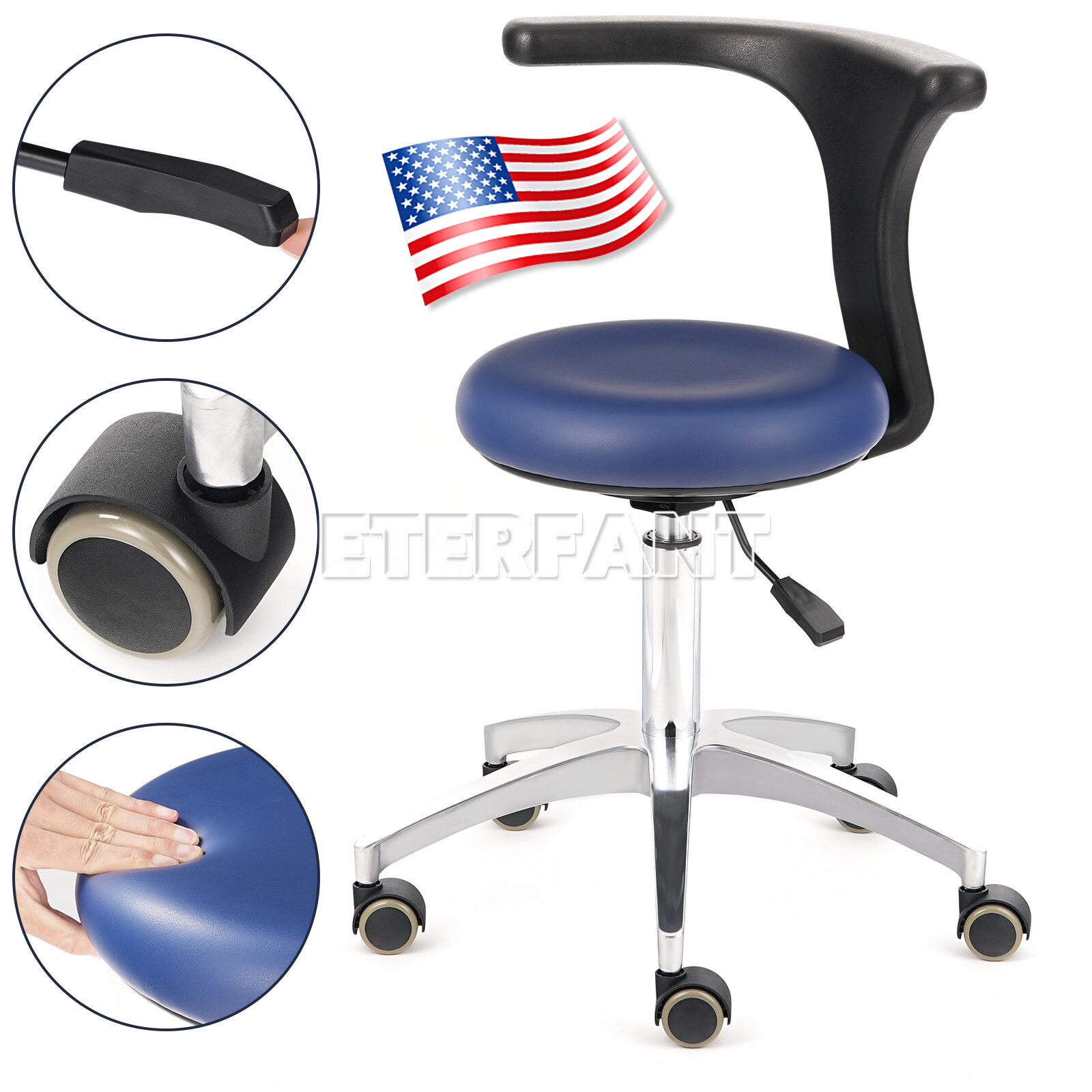 Dental Doctor Assistant Stool Mobile Chair Adjustable Height PU Leather ETERFANT