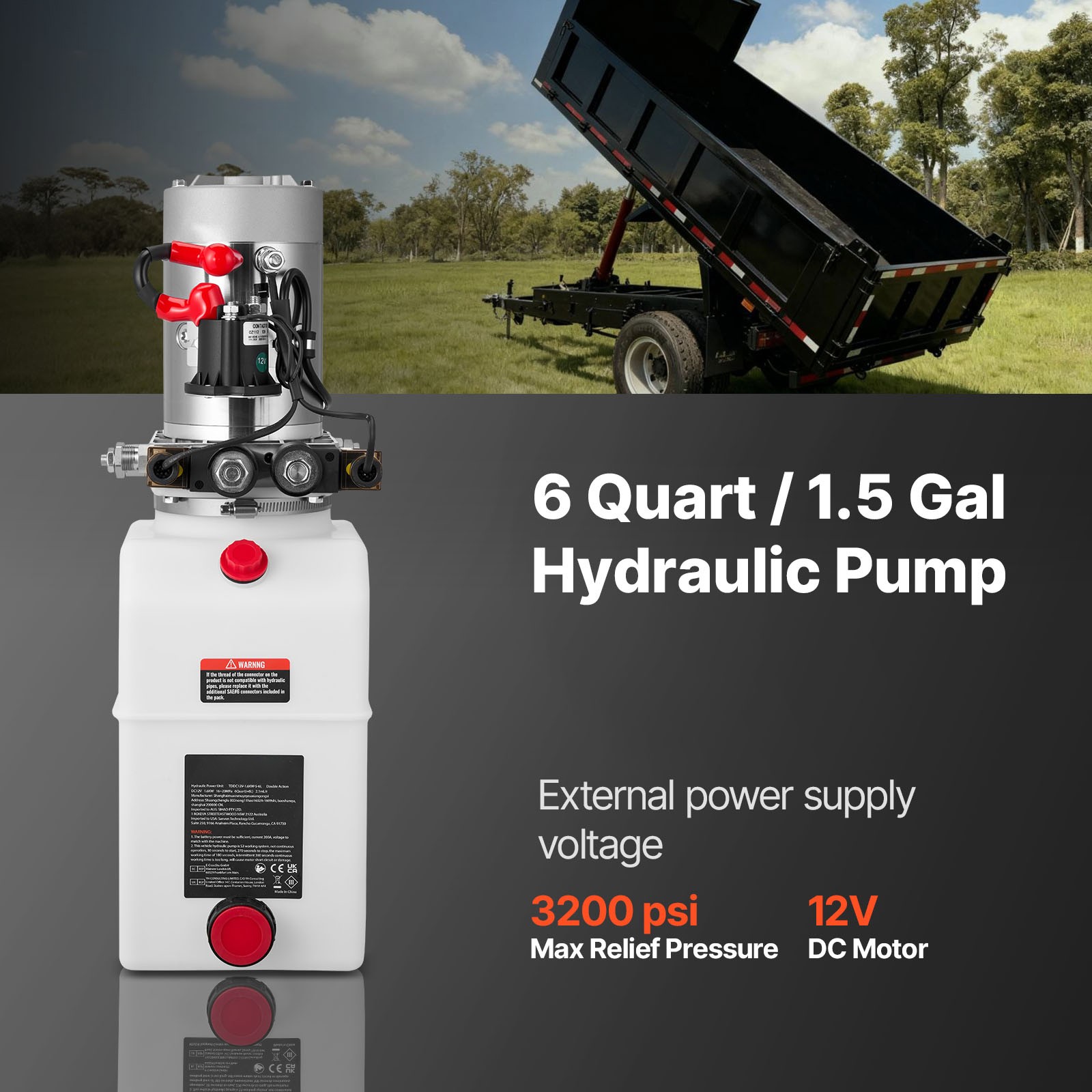 Uimoso 6 Quart Double Acting Hydraulic Pump 12V Dump Trailer Power Unit SAE#6
