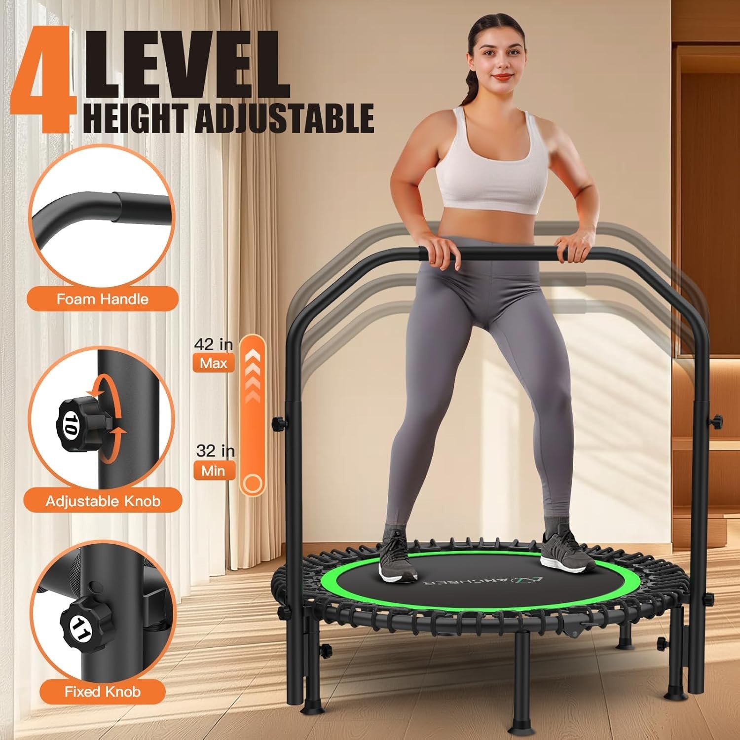 40" Foldable Mini Trampoline with Bungees, Fitness Trampoline Max Load 450lbs US