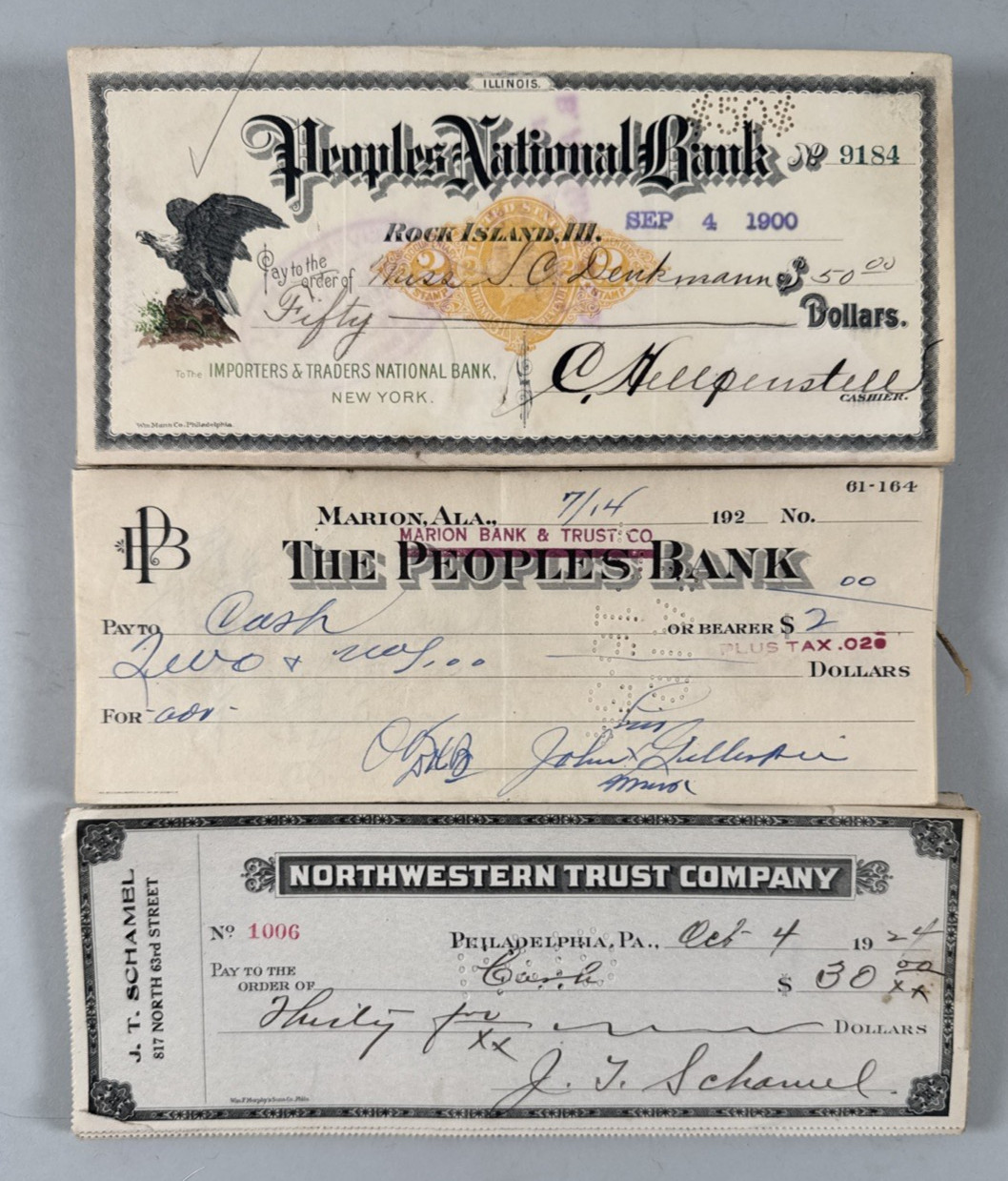 Lot of 300 US Bank Cancelled Checks 1861-1934 Marion Central, The Peoples Bank