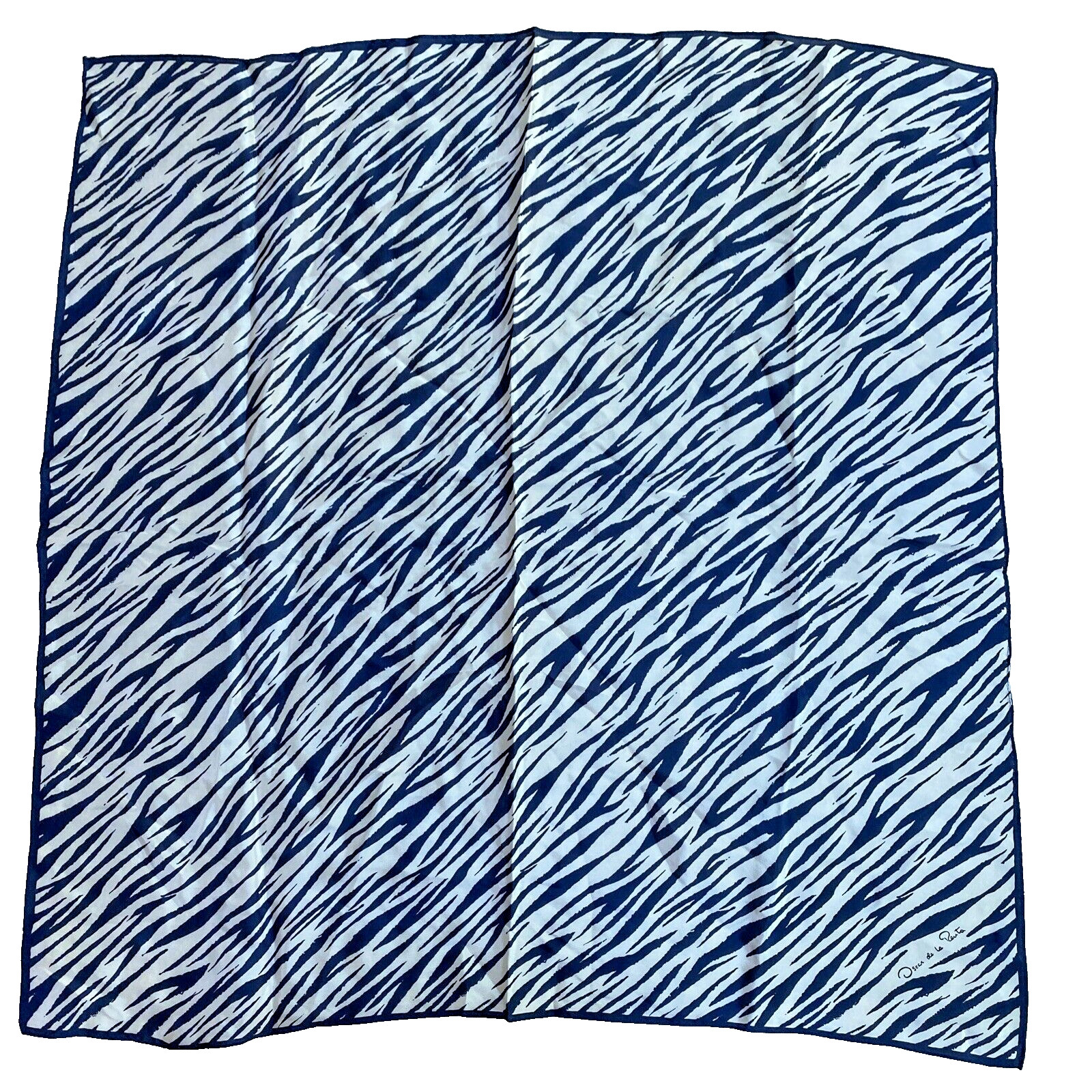 Vintage Oscar De La Renta Silk Scarf Navy Blue & White Mod Stripes Large Square