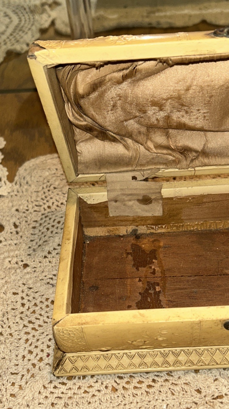 Antique Jewelry Box Engraved Angel Celluloid Wrapped Wood 9x 3.75 Oval Quite Old