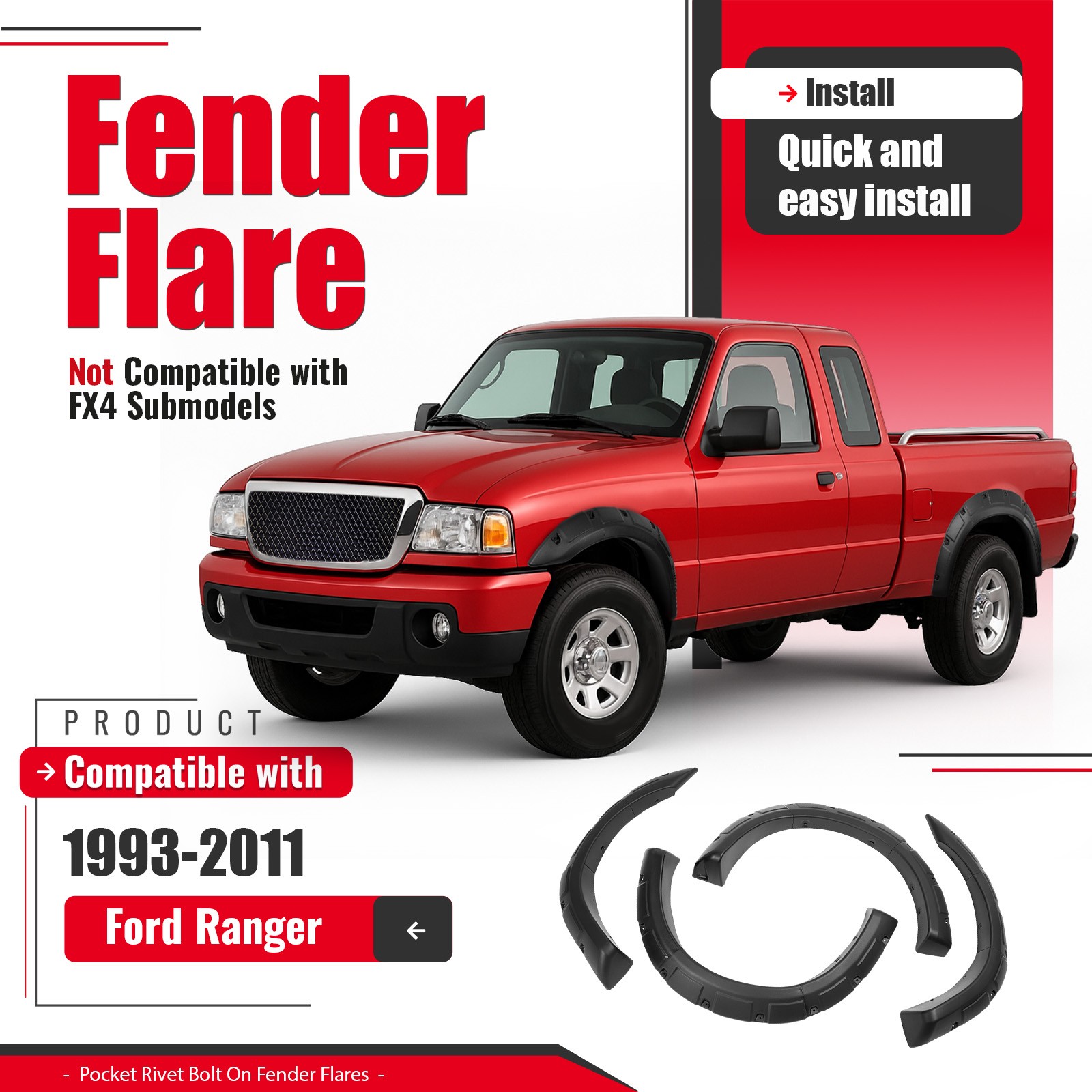 Fender Flare Kit For 1993-2011 Ford Ranger Pocket Rivet Bolt Textured Black