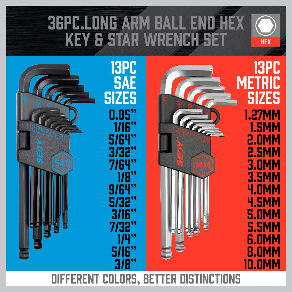 36 PC Long Arm Ball End Hex Key Allen Wrench Set Inch Metric Star With Bag Gift