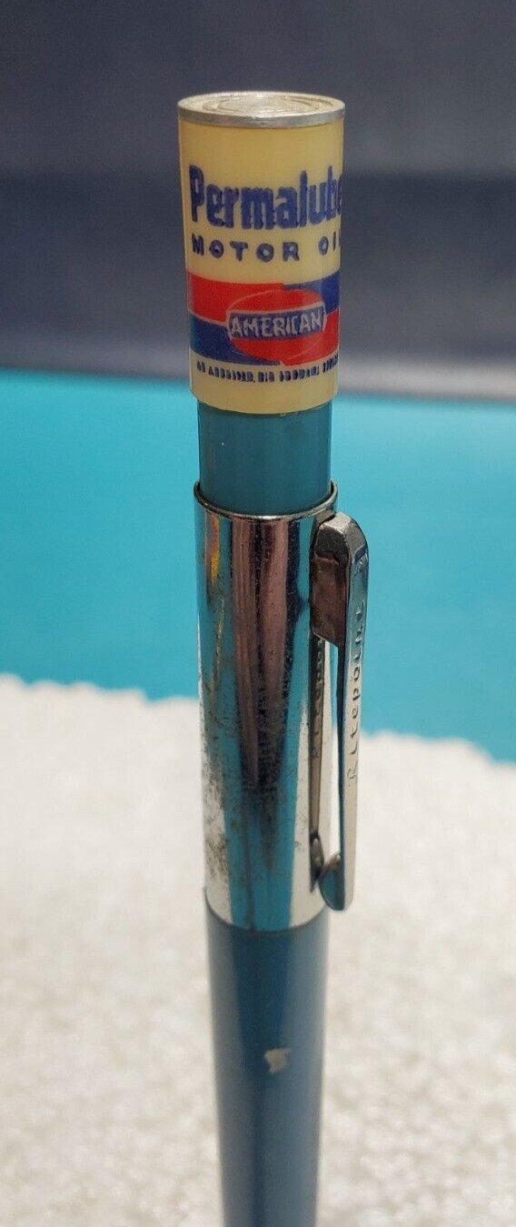 Vintage RITEPOINT PEN PERMALUBE AMERICAN MOTOR OIL Pen GAS ADVERTISING Topper
