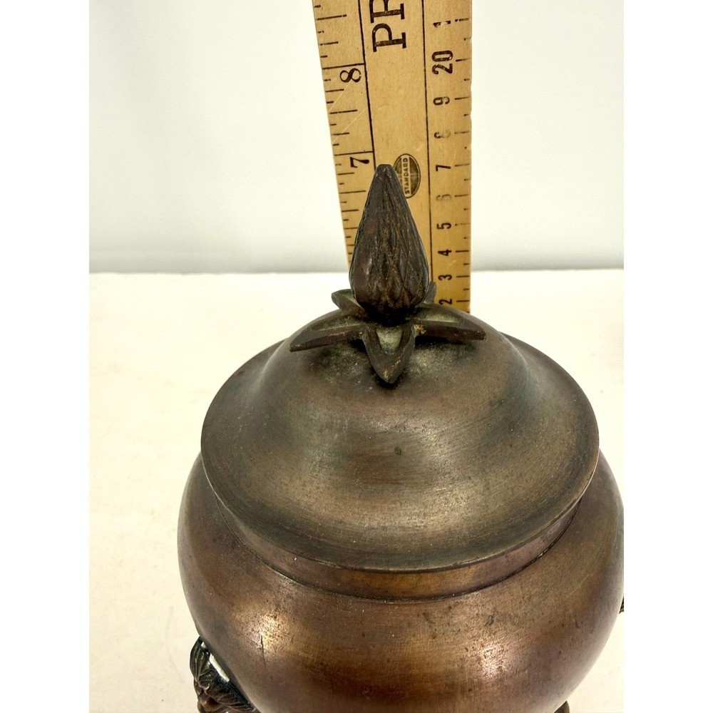 Antique Bronze Lidded Pot with Lion Head Feet Tripod Footed Bowl Ornate Finial