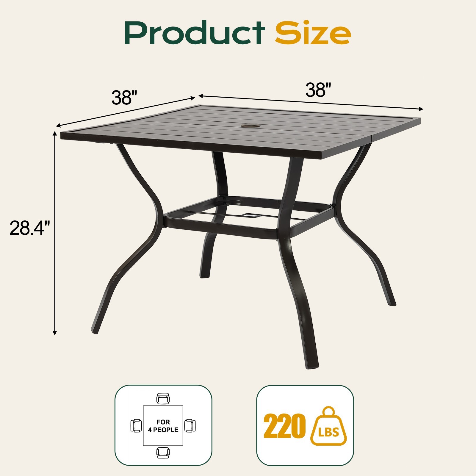 38" Square Metal Patio Table Outdoor Dining Table for 4 with 1.6" Umbrella Hole