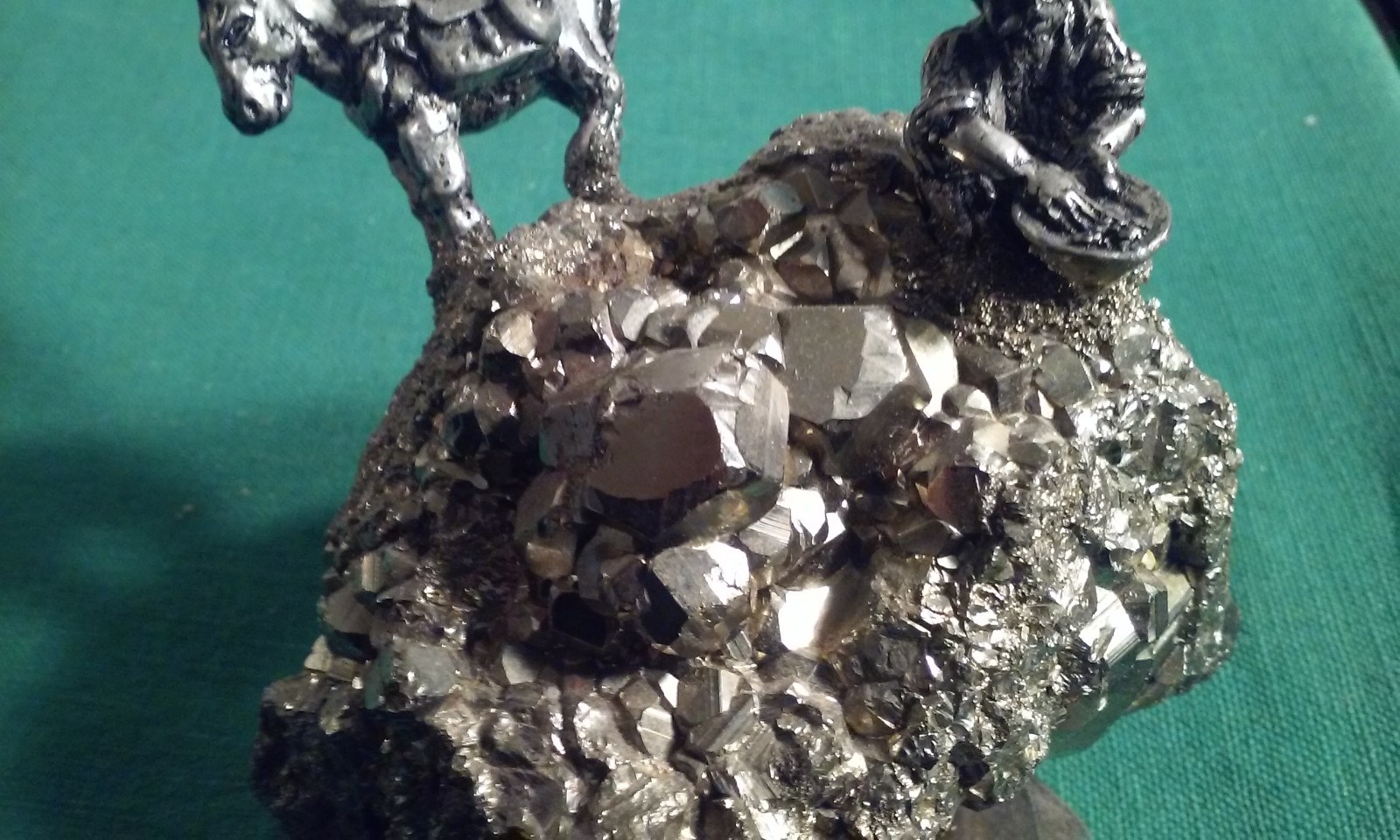 Pewter Gold Miner & Donkey Figure Panning on Pyrite Fool’s Gold Cluster Vintage
