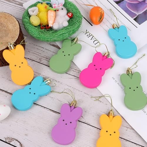 LOAVER 12 Pcs Easter Bunny Hanging Ornaments,Colorful Peeps Bunny Plastic
