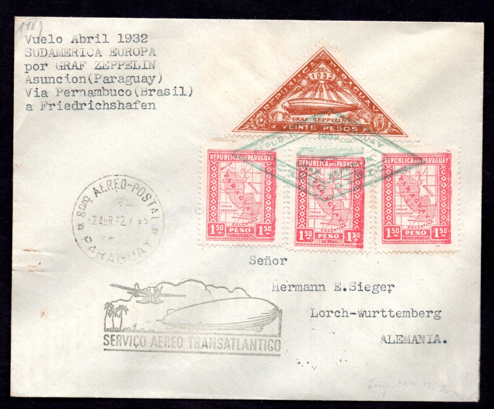PARAGUAY TO GERMANY 1932 TRANSATLANTIC ZEPPELIN FLIGHT VIA PERNAMBUCO, BRAZIL
