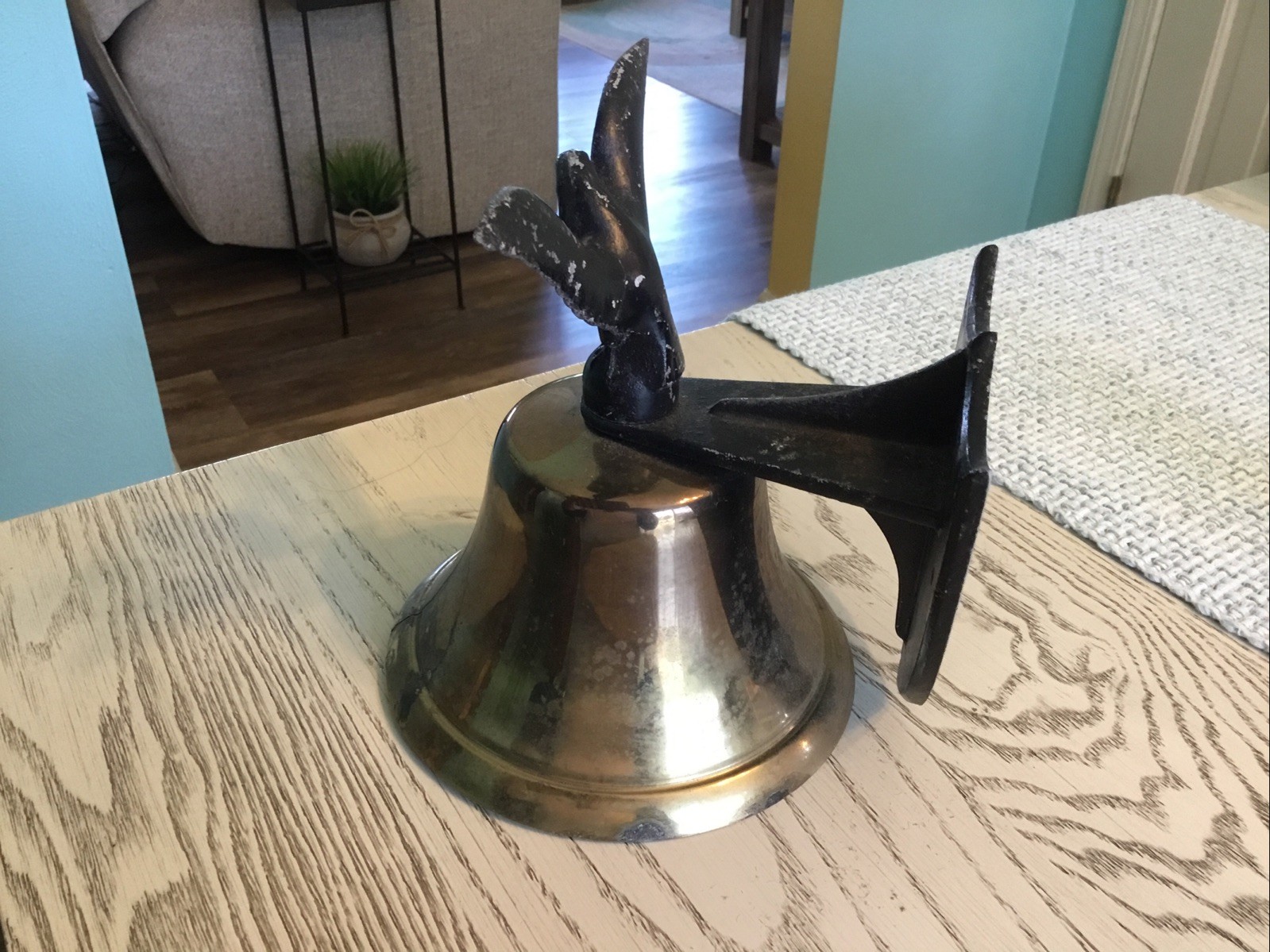 Vintage Brass Bell With Cast Iron Eagle Topper