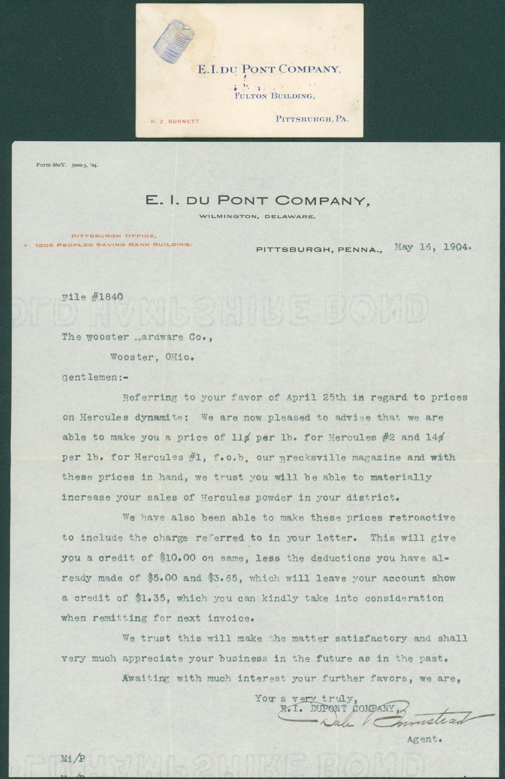 1904 Hercules Dynamite DuPont Black Powder Co Pittsburgh PA Business Card Letter