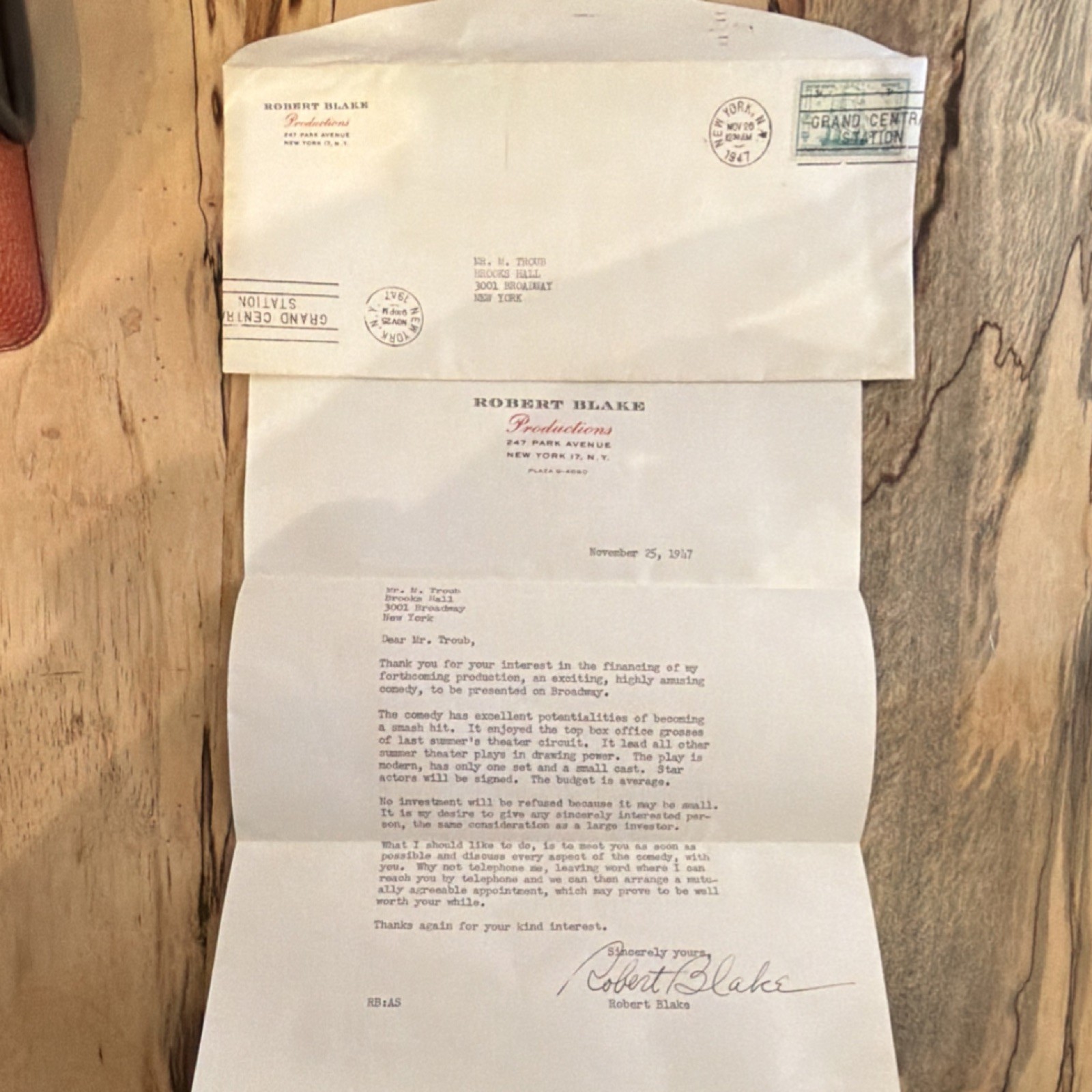 Robert Blake Signed Letter & Envelope 1947 Productions 247 Park Ave New York