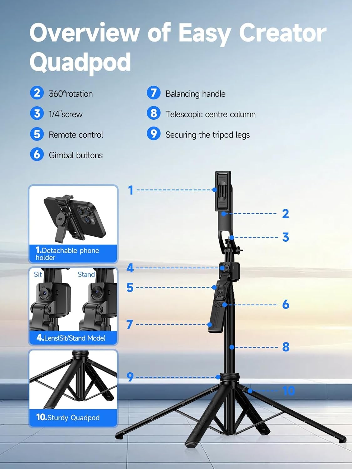 64'' Selfie Stick Auto Face Tracking Tripod 360° Rotation with Remote Control