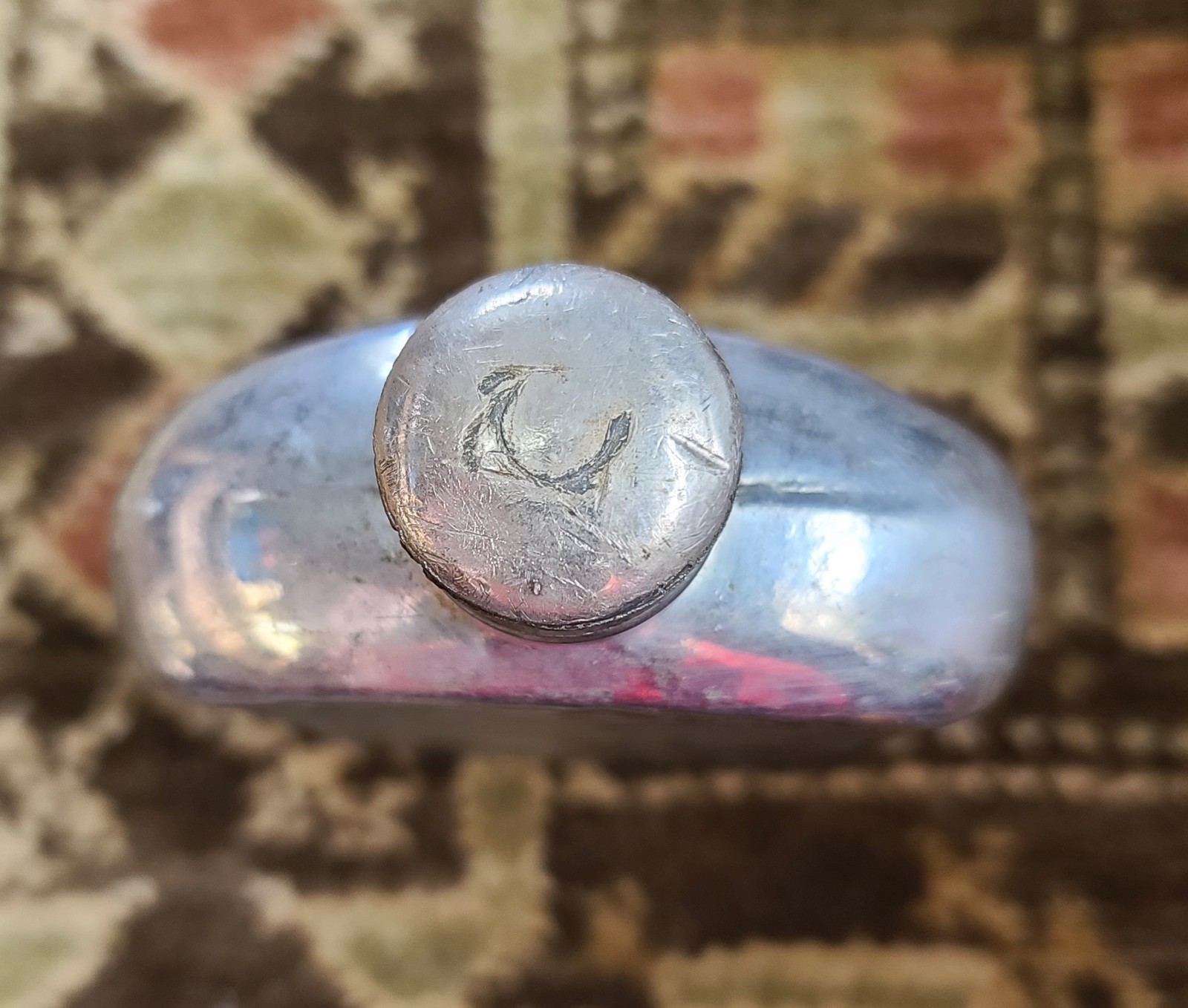 Antique Silver & Copper Plated Glass Ribbed Hip Flask 5-3/8" Tall Vintage