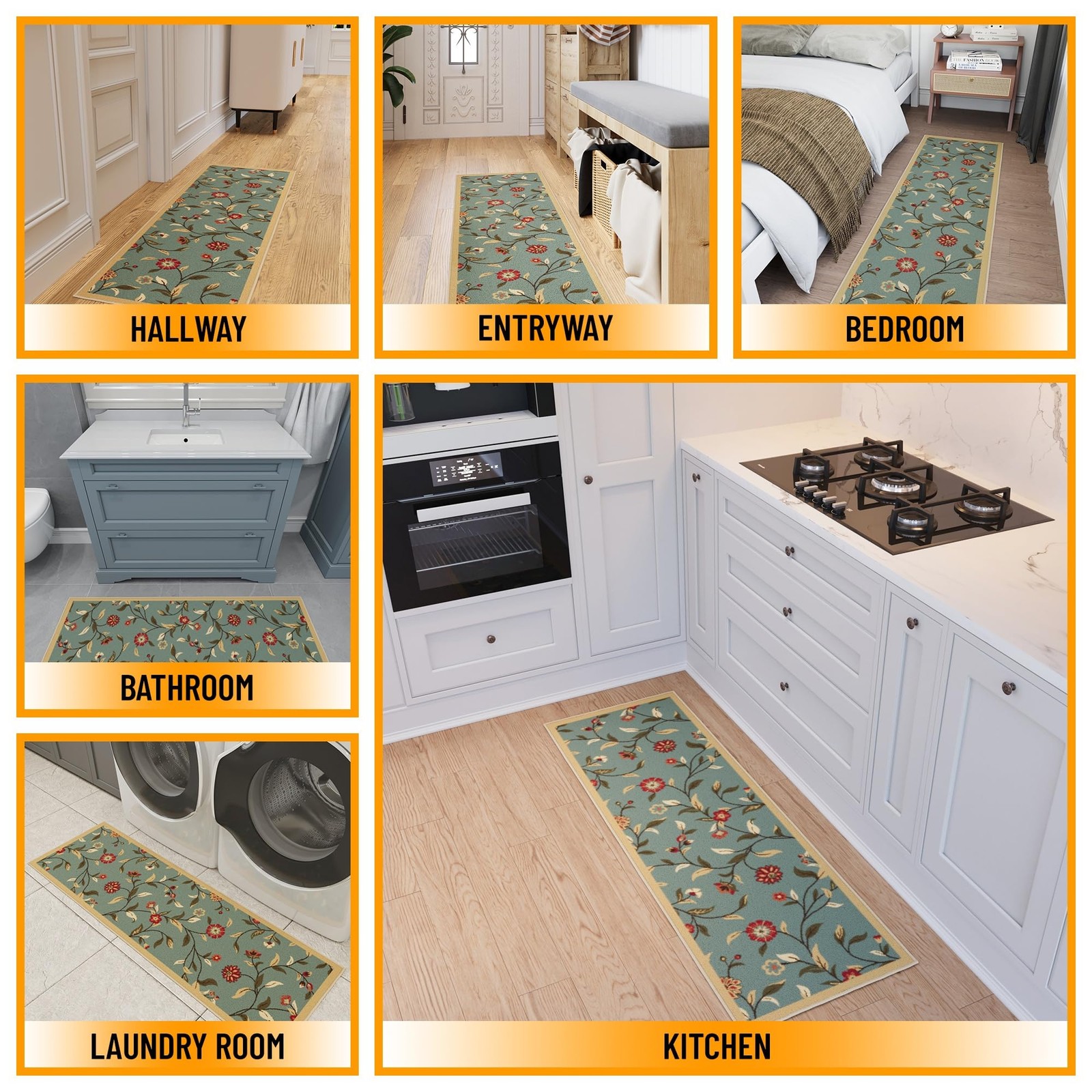 Hallway Runner Rug 20" x 59" Non Slip Floral Area Rugs Easy to Clean Laundry ...