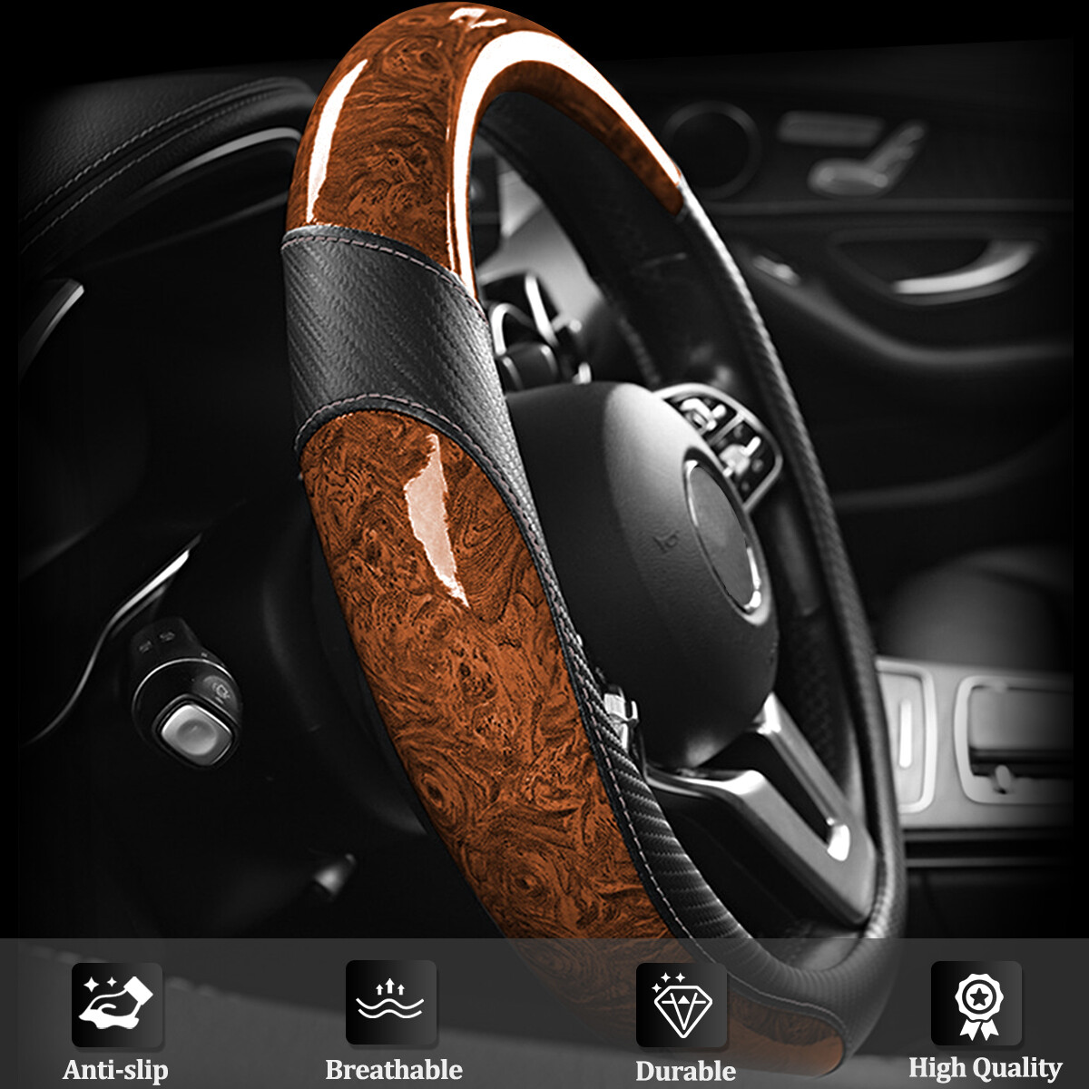 38cm/15" Car Steering Wheel Cover Mahogany Wood Grain Anti-slip Accessories