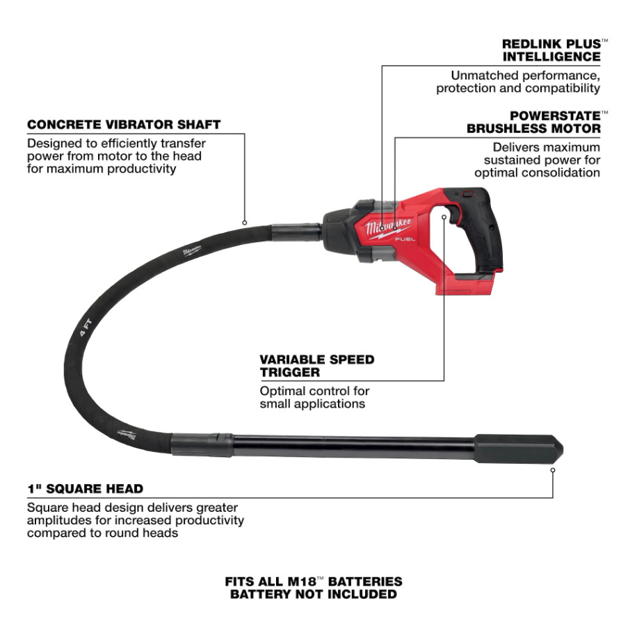 Milwaukee 2910-20 M18 FUEL 4' Concrete Pencil Vibrator
