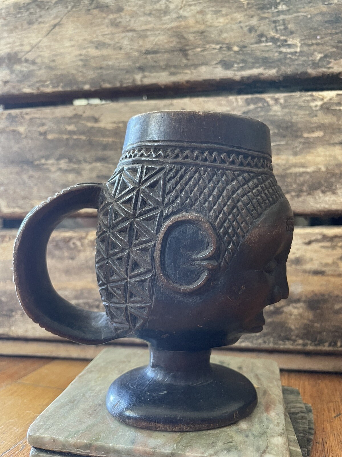 Vintage / Antique African Kuba Cup Wood Carved Palm Wine DRC Ceremonial Signed!