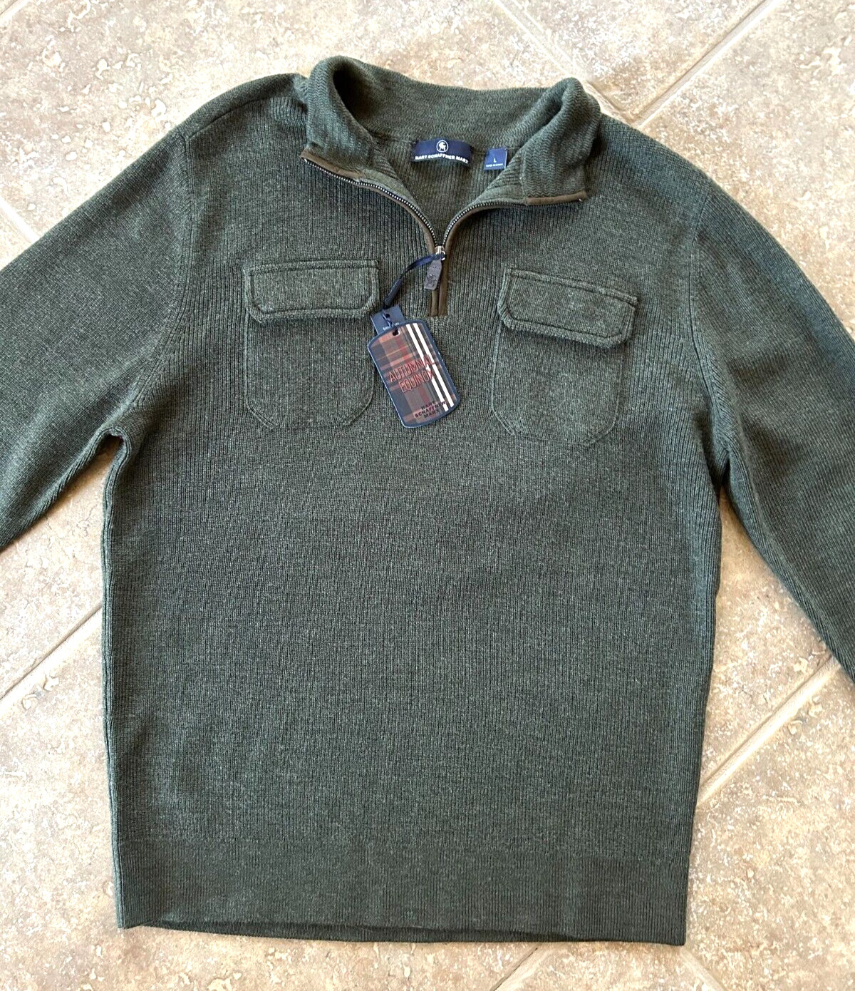 Hart Schaffner Marx 1/4 Zip Sweater Men's L Merino Wool Olive w/Pockets $198 NWT