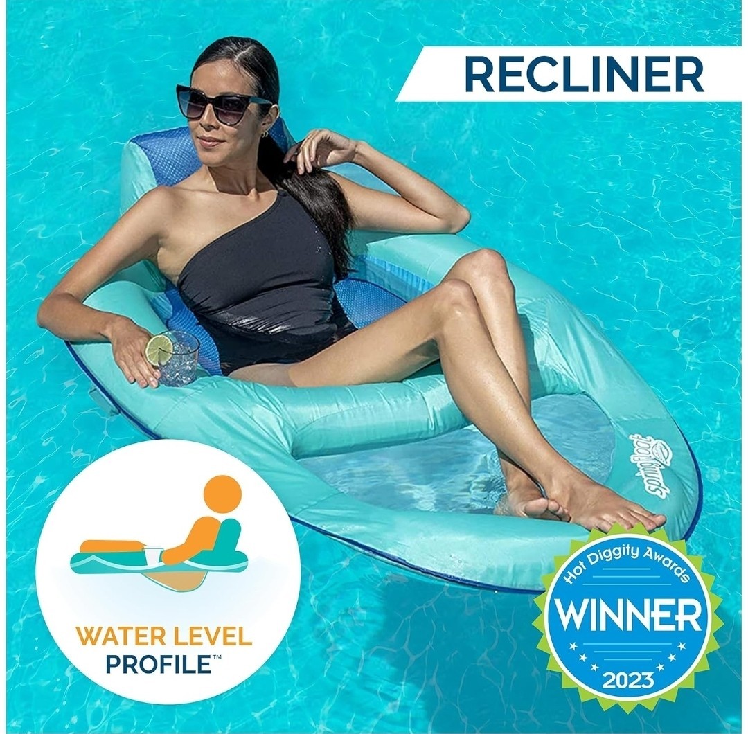 SwimWays Spring Float Recliner Pool Lounge Chair Hyper-Flate Valve Aqua 55”x38”