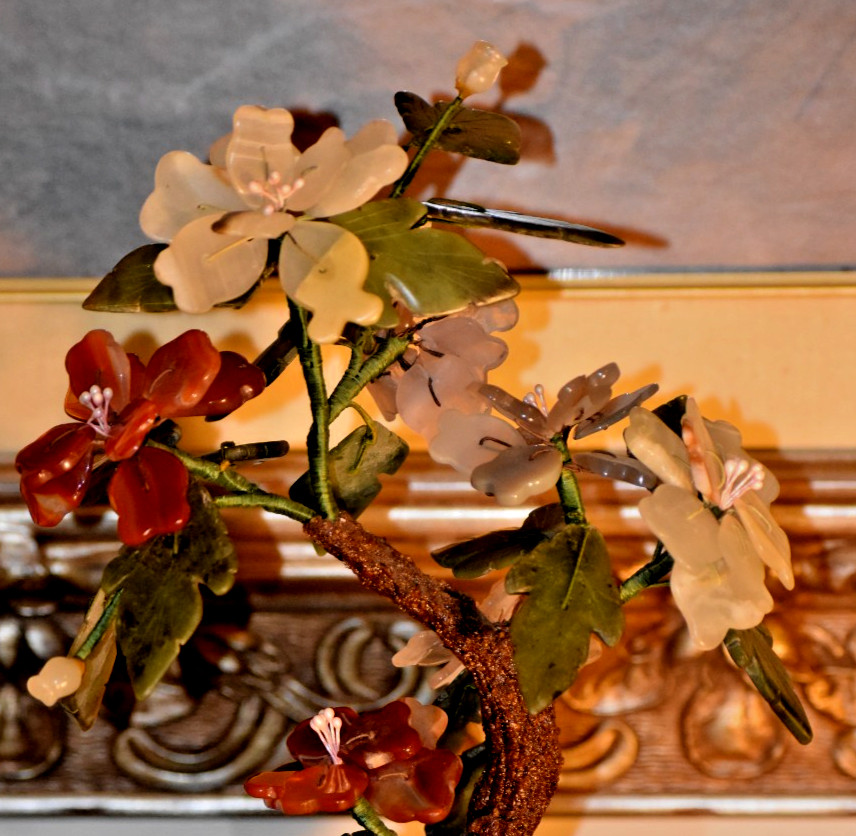 15" VINTAGE BONSAI PEKING JADE TREE IN 8" BLUE CLOISONNE BOWL W/SOLID EBONY BASE