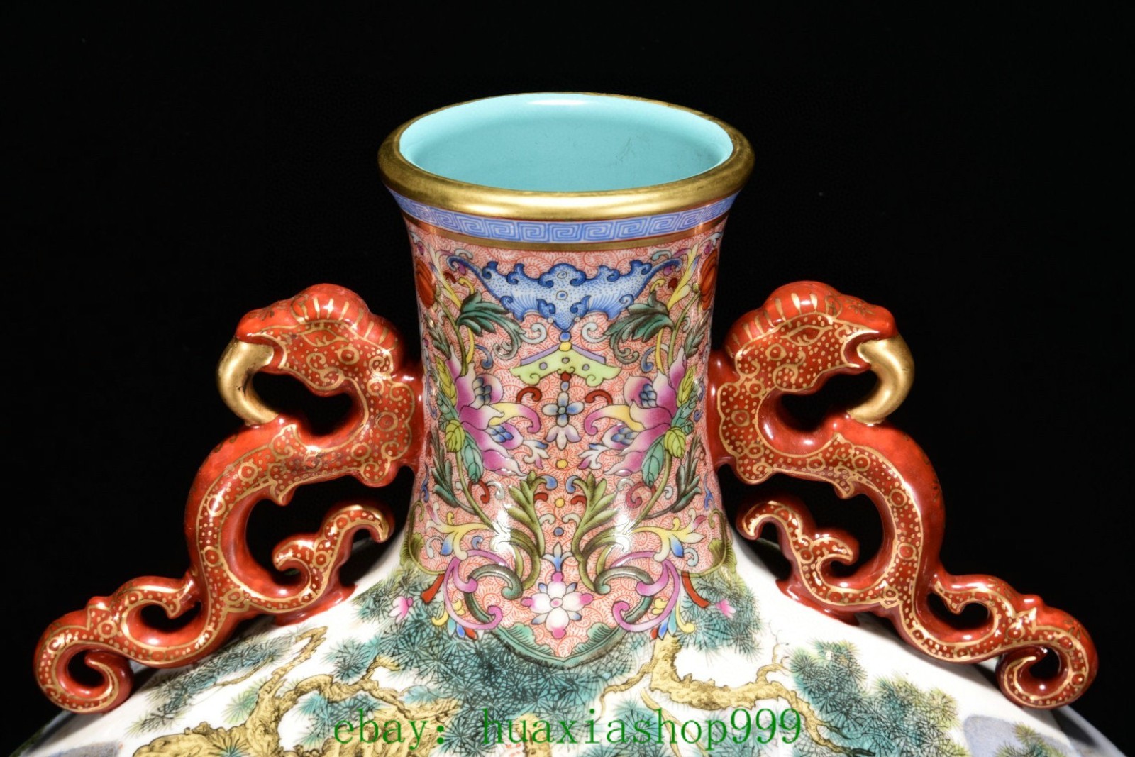 21.6"Enamel Color Porcelain Gilt Cattle Cow ox Bull Double Beast Ear Bottle Vase