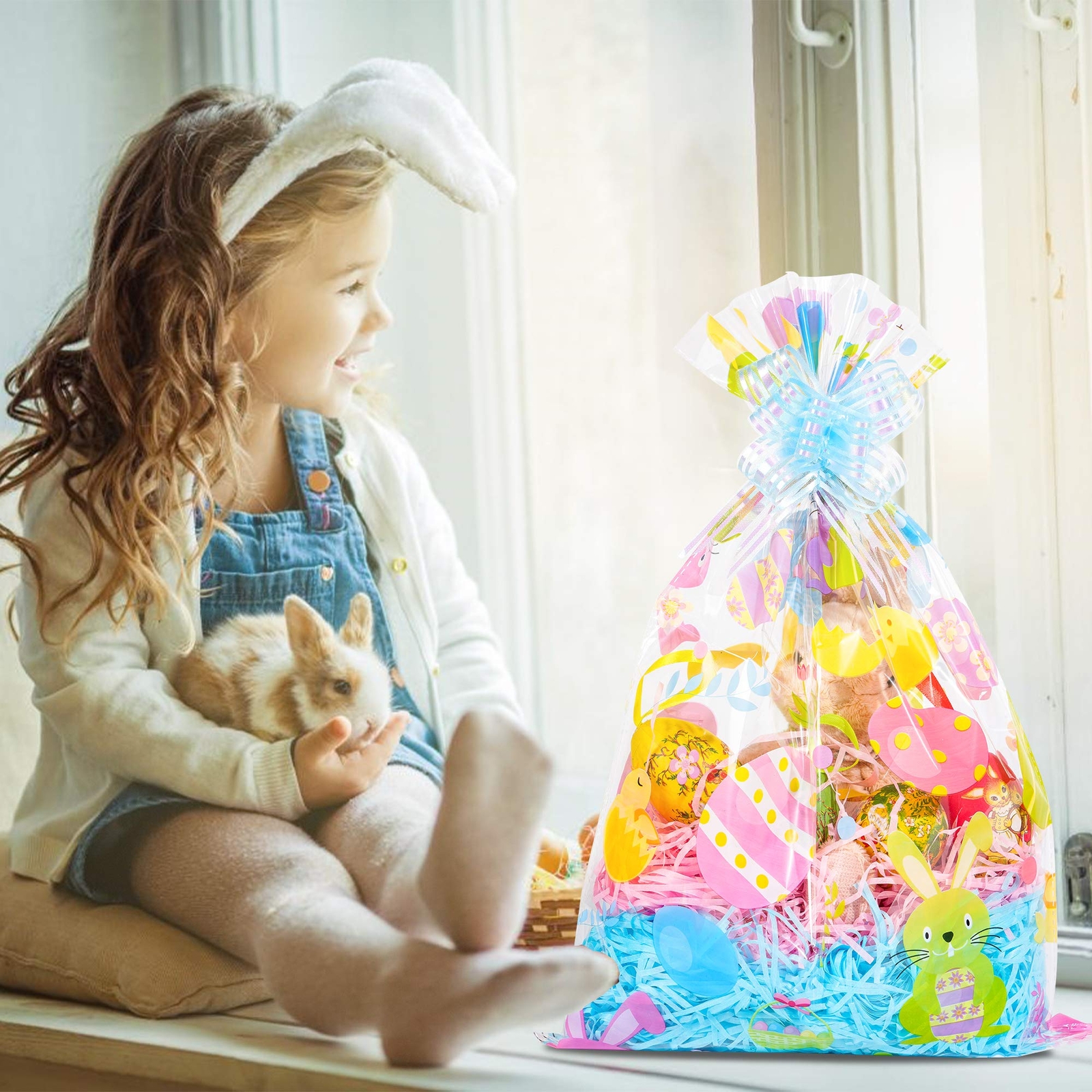 20pcs Basket Bags pull bow Set 10 pieces Easter Cellophane Wrap Plastic Bag 1...