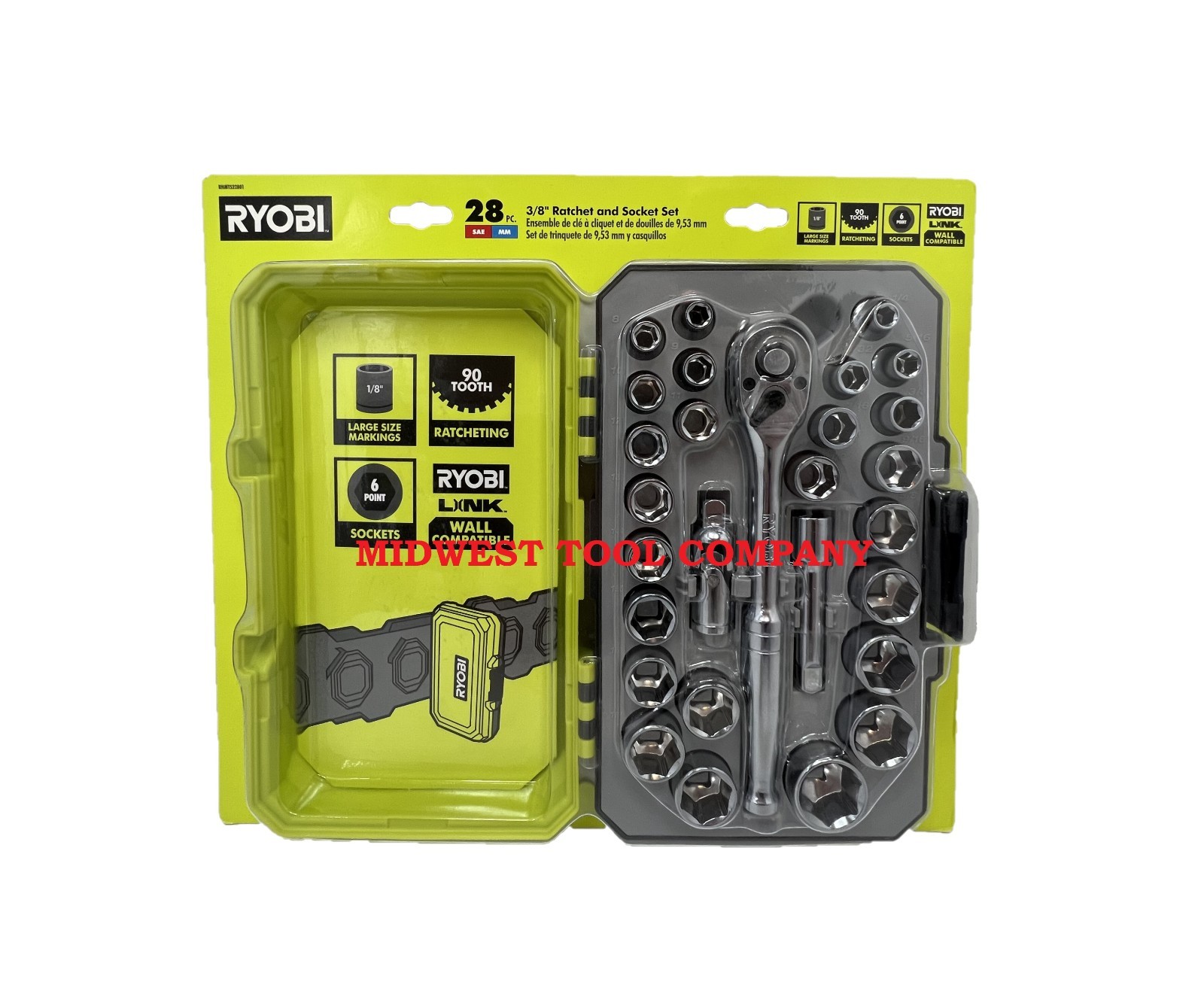 NEW Ryobi 28pc 3/8" Drive, 6 Point, SAE & Metric Socket Set