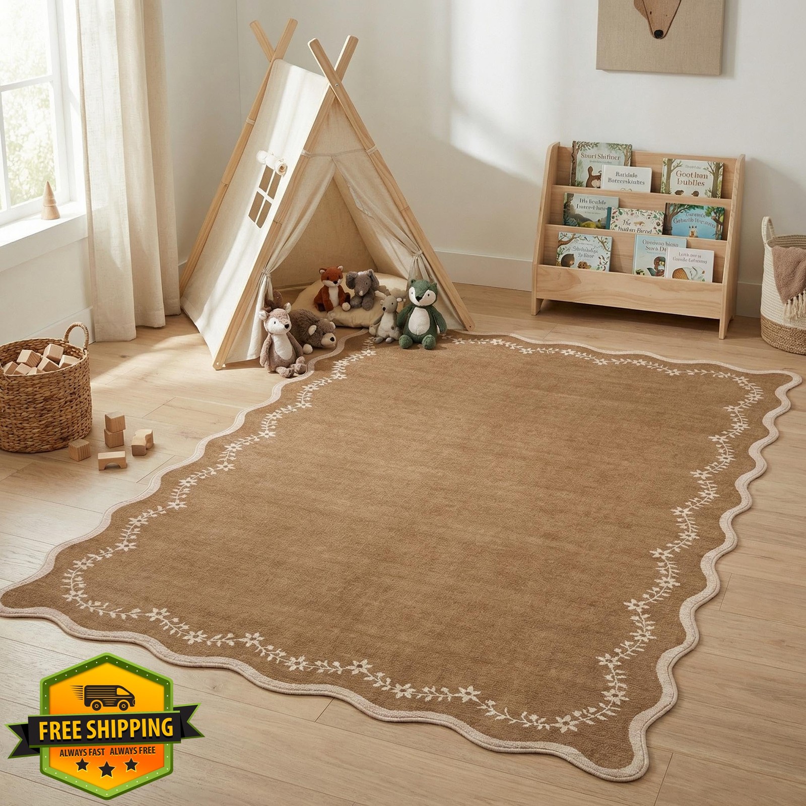 GarveeHome 4x6 Brown Scalloped Nursery Rug Washable Soft Non Slip