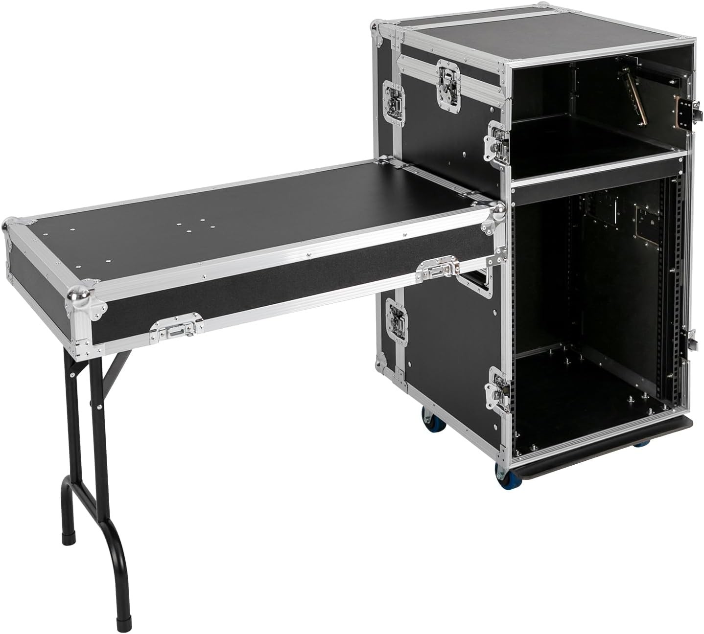 PA DJ Rack w/ 2-tier DJ Table Top 14 Space Rack Case w/ Slant Mixer Top & Caster