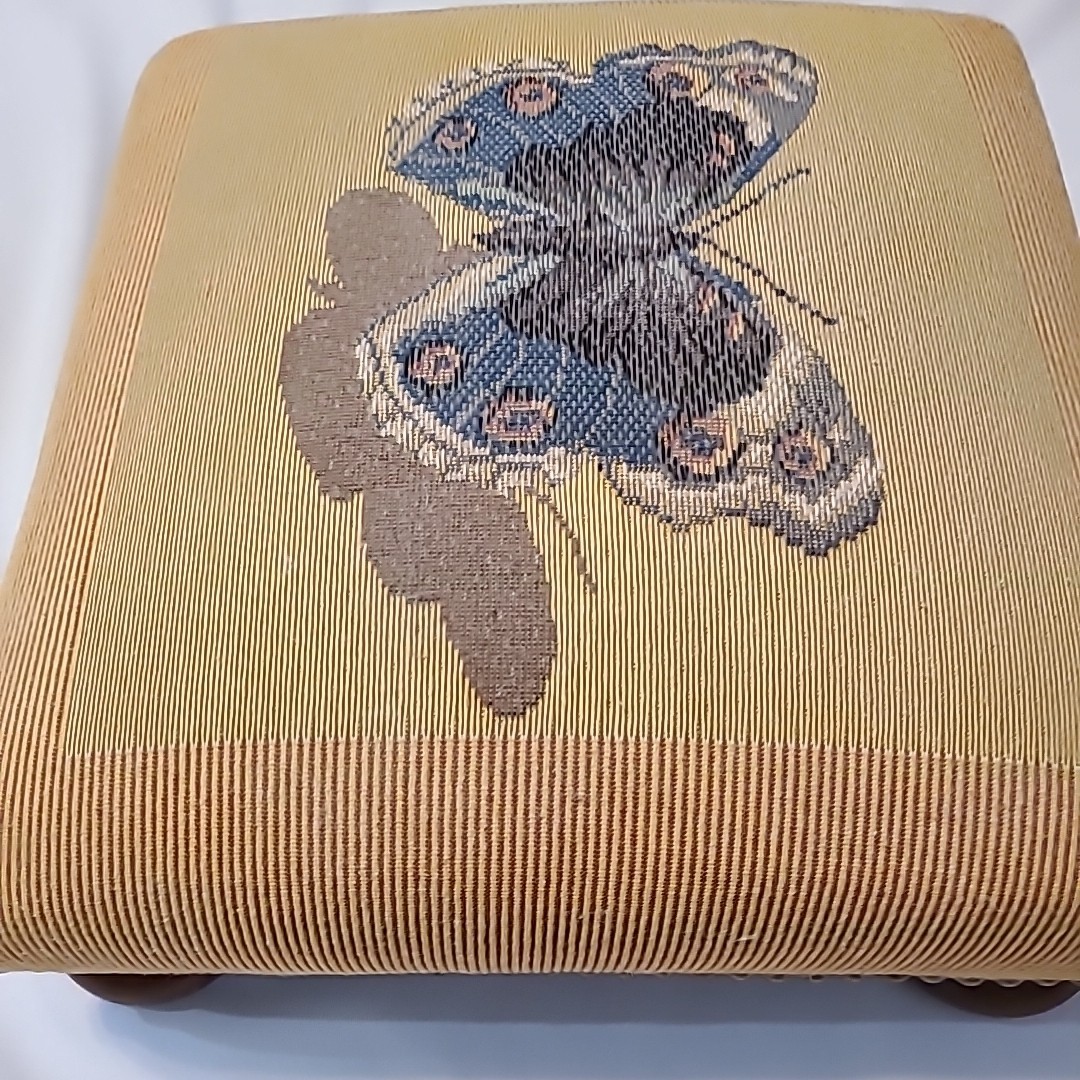 Vintage needlepoint butterfly footstool 13" x 13" x 5" Wooden Feet