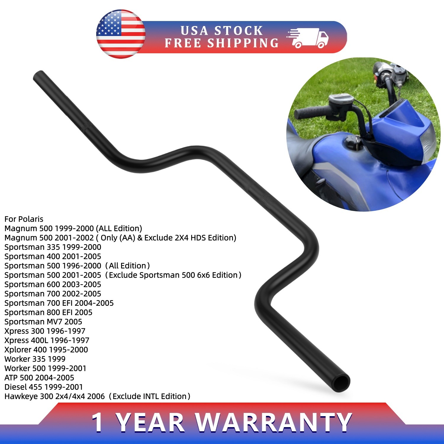 Heavy Duty Handlebar For Polaris Sportsman 335 400 500 600 700 800 MV7 1996-2005