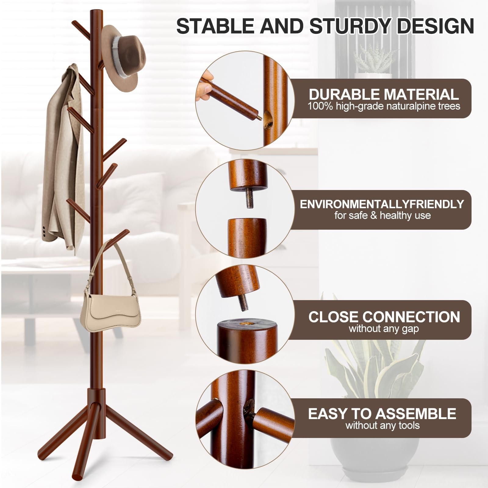 Freestanding Coat Rack 8 Hooks Adjustable Tree Stand for Hats Coats Scarves