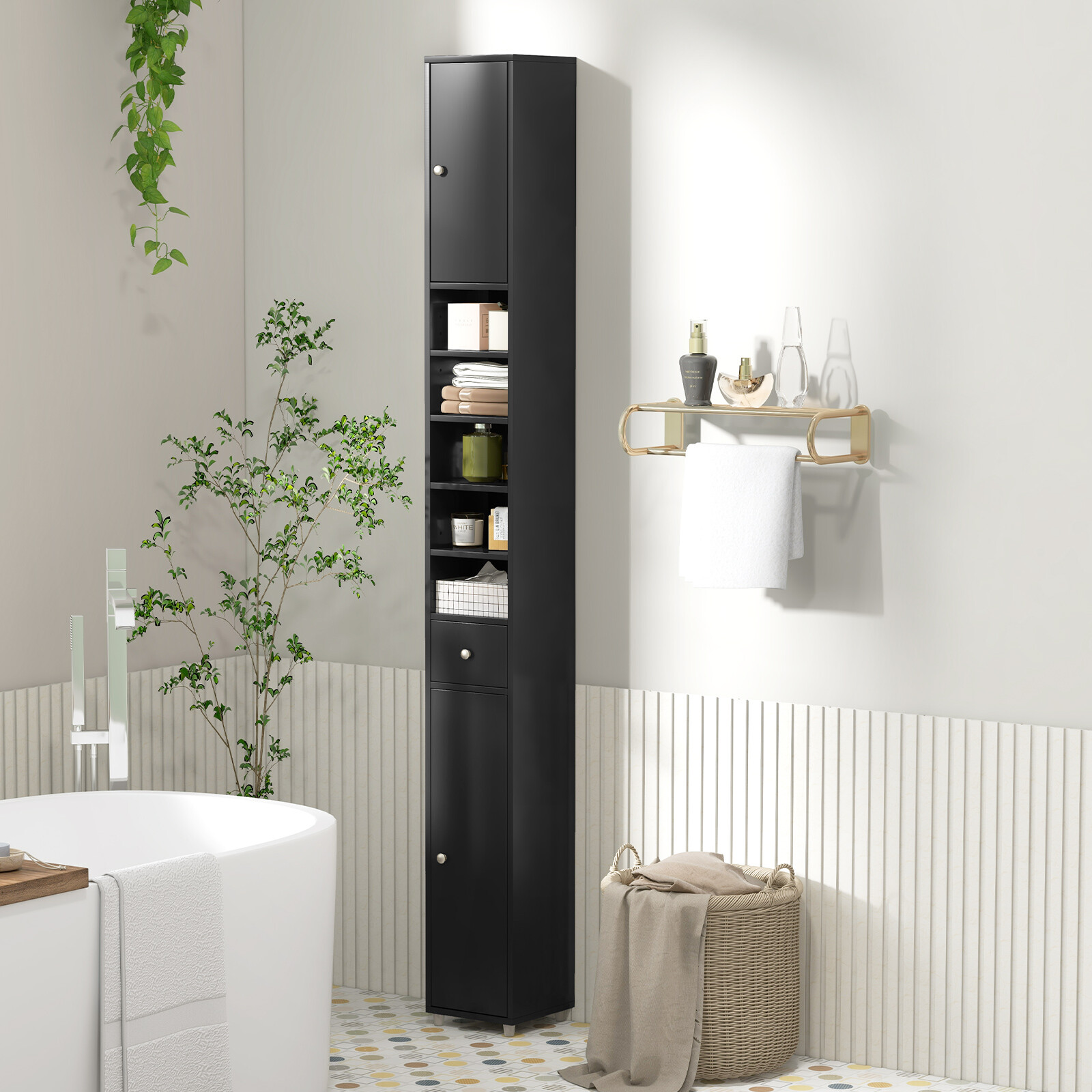 Tall Slim Bathroom Storage Cabinet Linen Tower w/ 2 Doors 1 Drawer Shelves Black