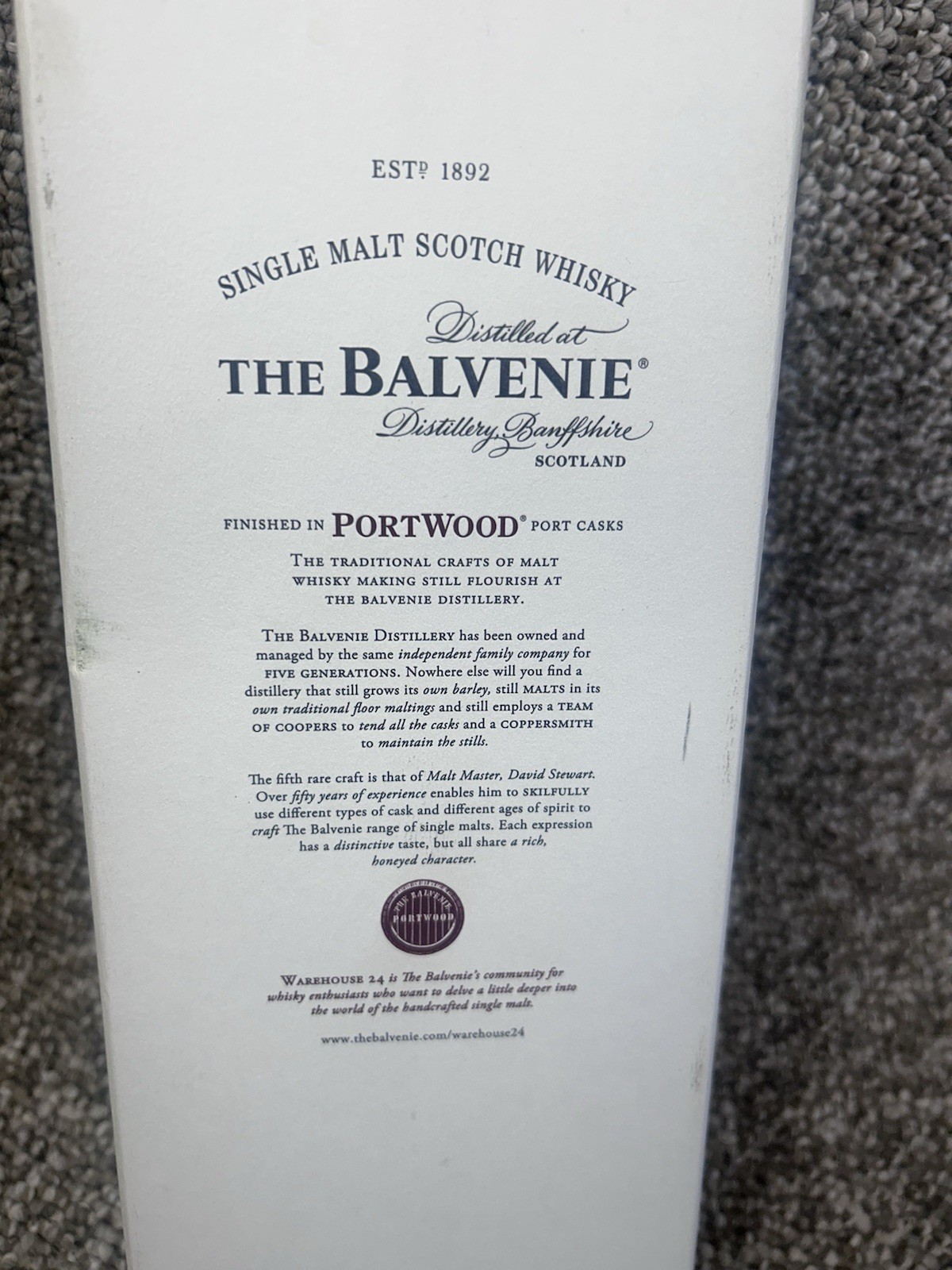 The Balvenie 21 Years Portwood Single Malt Scotch Whisky Presentation Box Empty