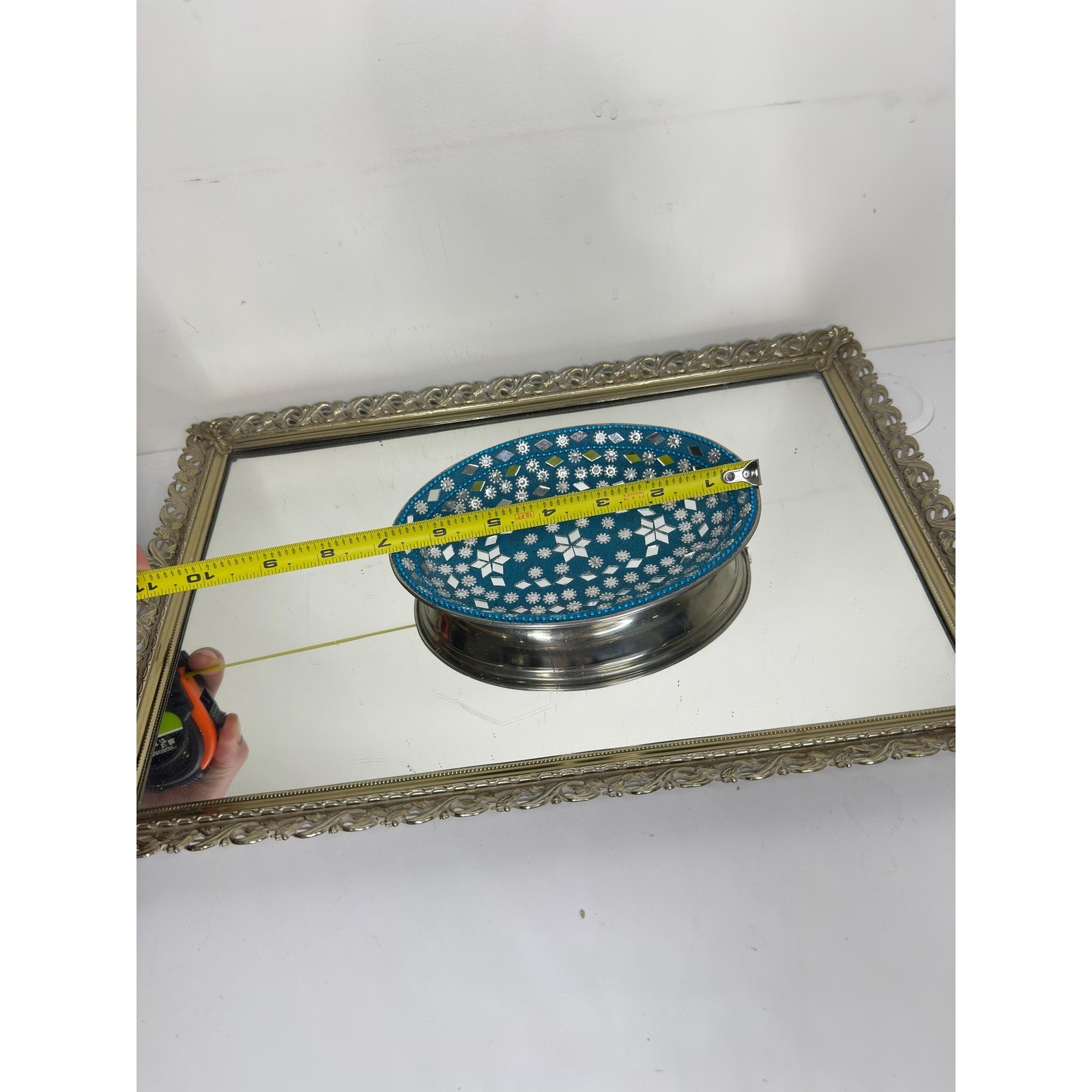 Vintage India Blue and Silver Mirroed Mosiac Tray for trinkets and jewelry